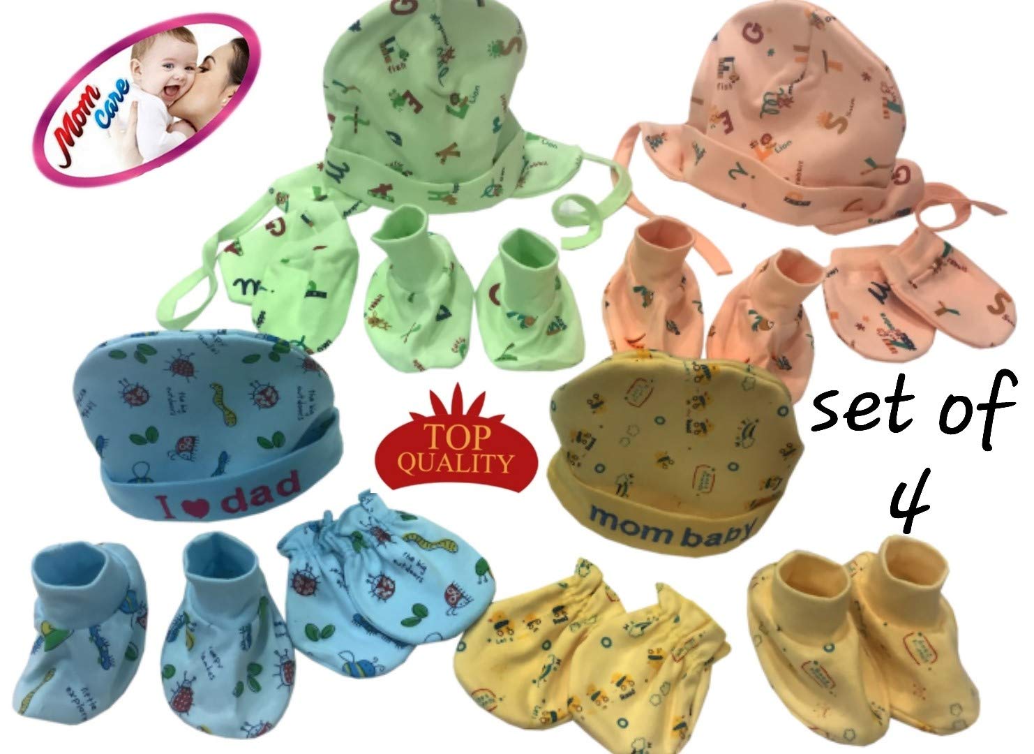 MOM CARE Cotton Cap Mitten and Booties Set -new Born Baby Gloves and Socks Caps -Gifting Combo - Baby Girls Boys 0-12 Months (Pack of 4 Sets) Multi Color