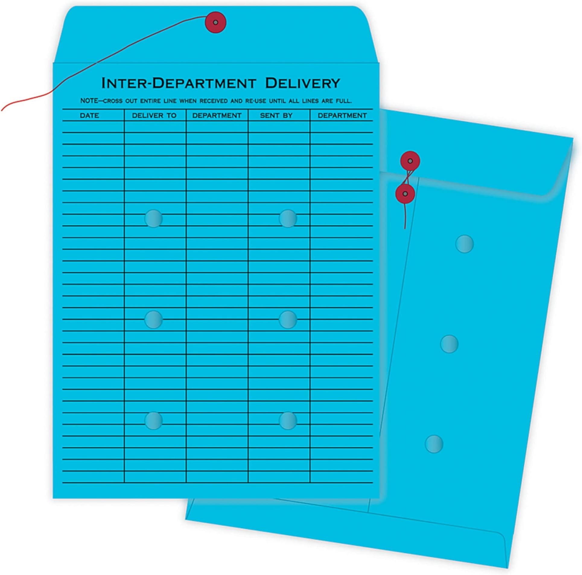 Quality Park Interdepartment String & Button Closure Envelopes, 10" x 13", 1-Sided Narrow Rule, Blue, Box of 100 (QUA63577)
