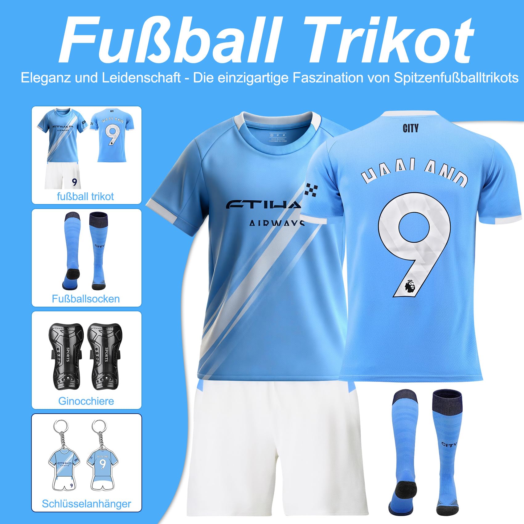 Camiseta de fútbol para niños, camiseta de fútbol con camiseta, pantalones cortos, calcetines y rodilleras, camiseta para niños y niñas