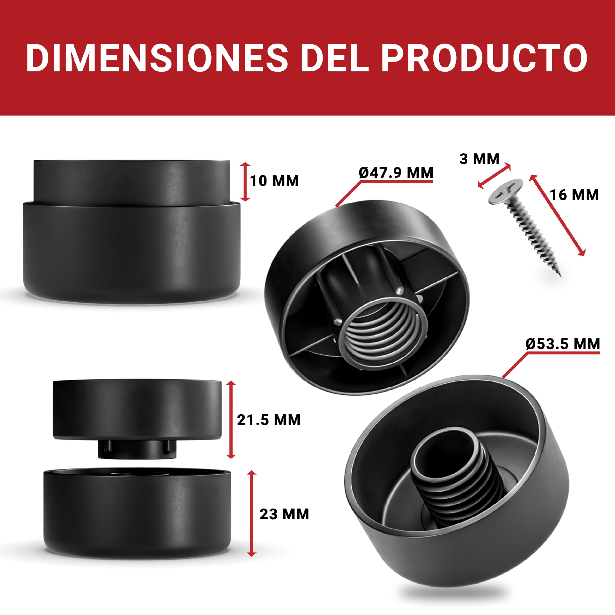 LouMaxx Patas para Muebles Adhesivos – Patas Ajustables Regulables en Altura 10mm – Elevador Mueble Ø 53,5mm Plástico – Set de 8 Patas Elevadoras Negro Incl. Material de Montaje
