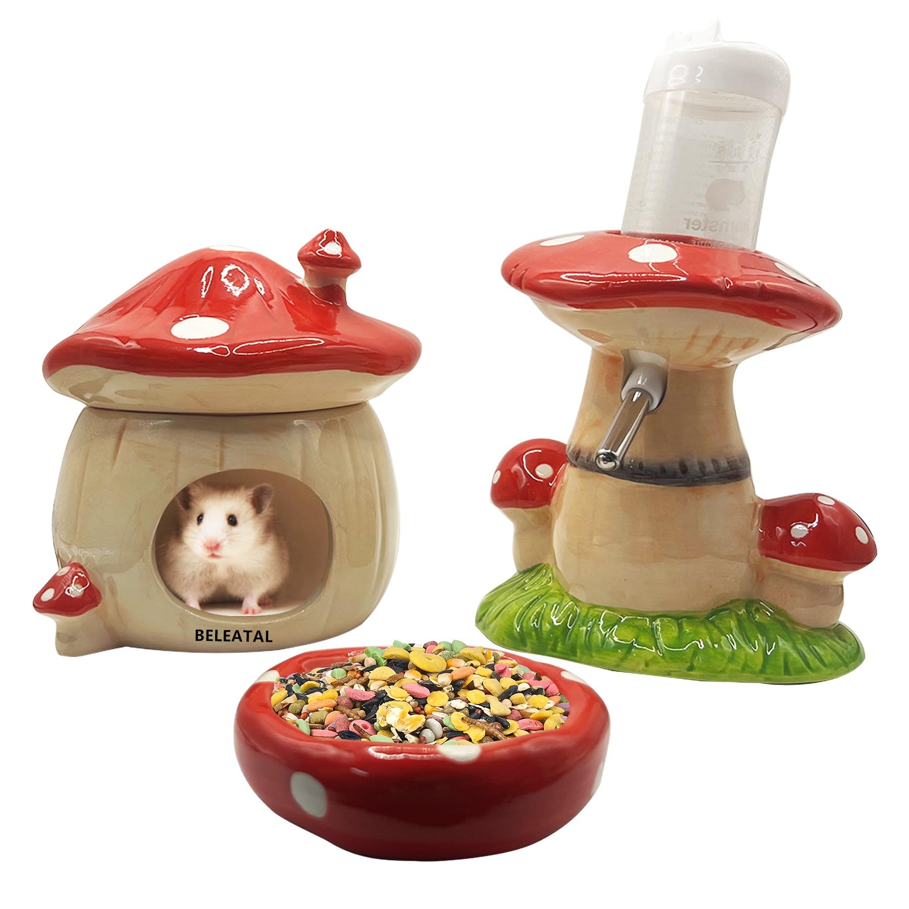 Mushroom Ceramic Hamster Hideout, Water Bottle with Stand, Food Bowl, Hamster Accessories