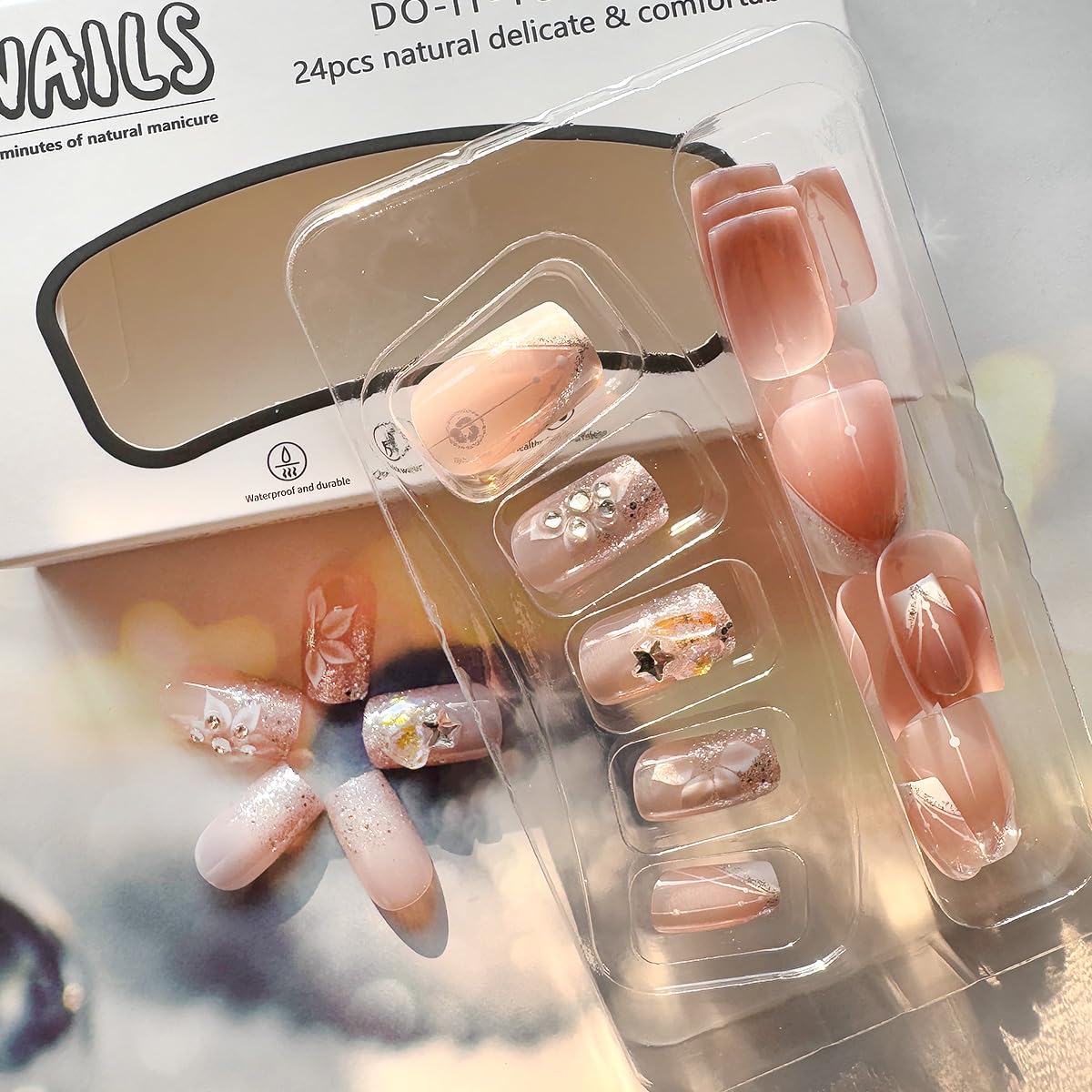 24 Press On Nails - French Tip, Flowers & Glitter -3 24 Press On Nails - French Tip, Flowers & Glitter -3