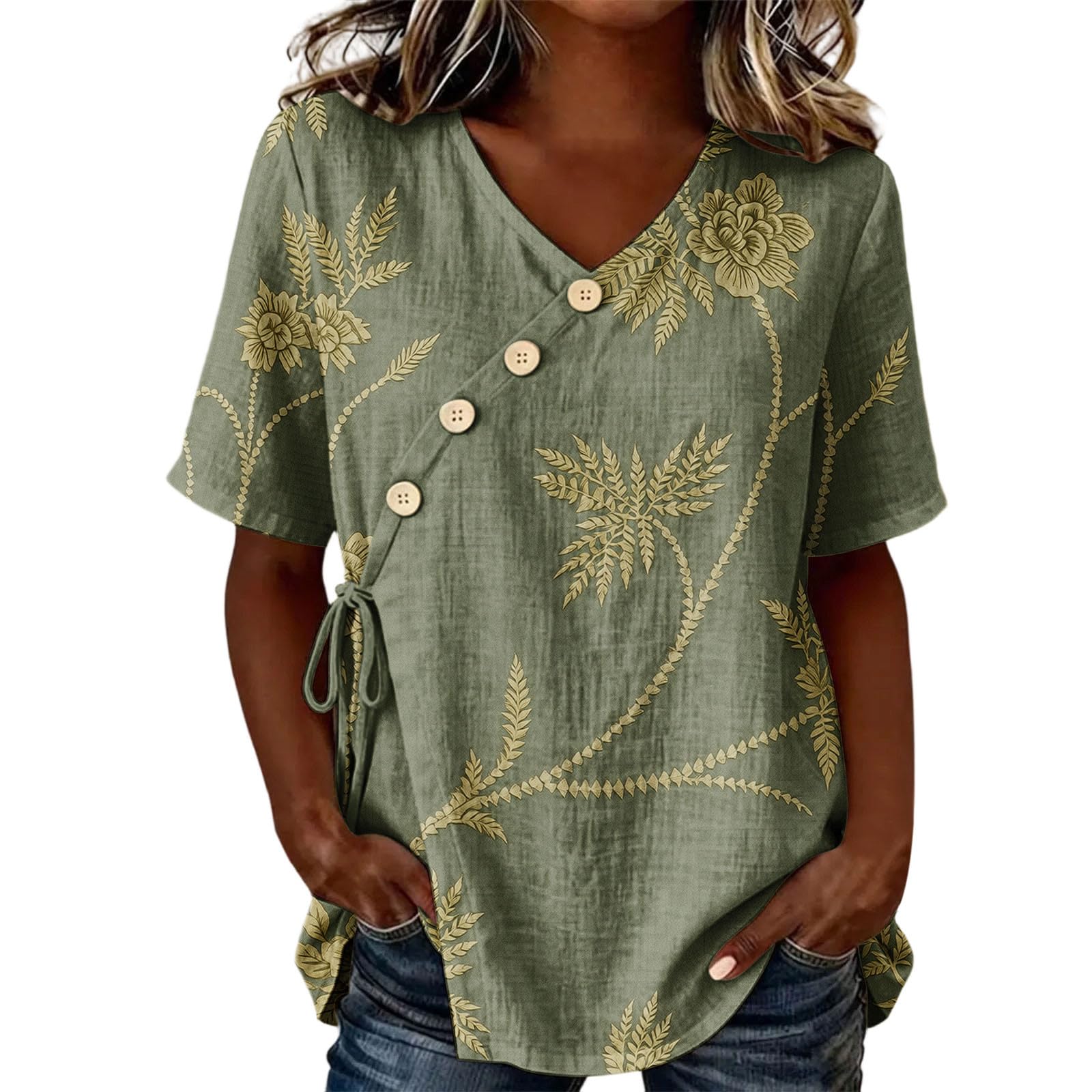 Leinenbluse Damen Sommer V-Ausschnitt Knopfleiste Atmungsaktiv Sommerblusen für Frauen Leicht und Luftig Kurzarm Boho Bluse Damen Elegant Leinen Tshirt Lässig Linen Shirt Women Tunika Longshirt