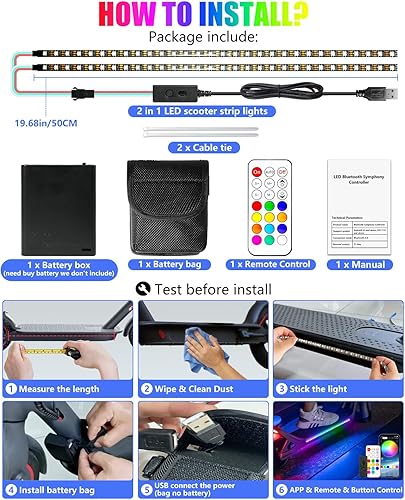 Miniatura 7 de Keiurot Tiras de luz LED para scooter para montar por la noche, 5 V, luces de monopatín de alto brillo, control por aplicación, RGBIC, impermeable,