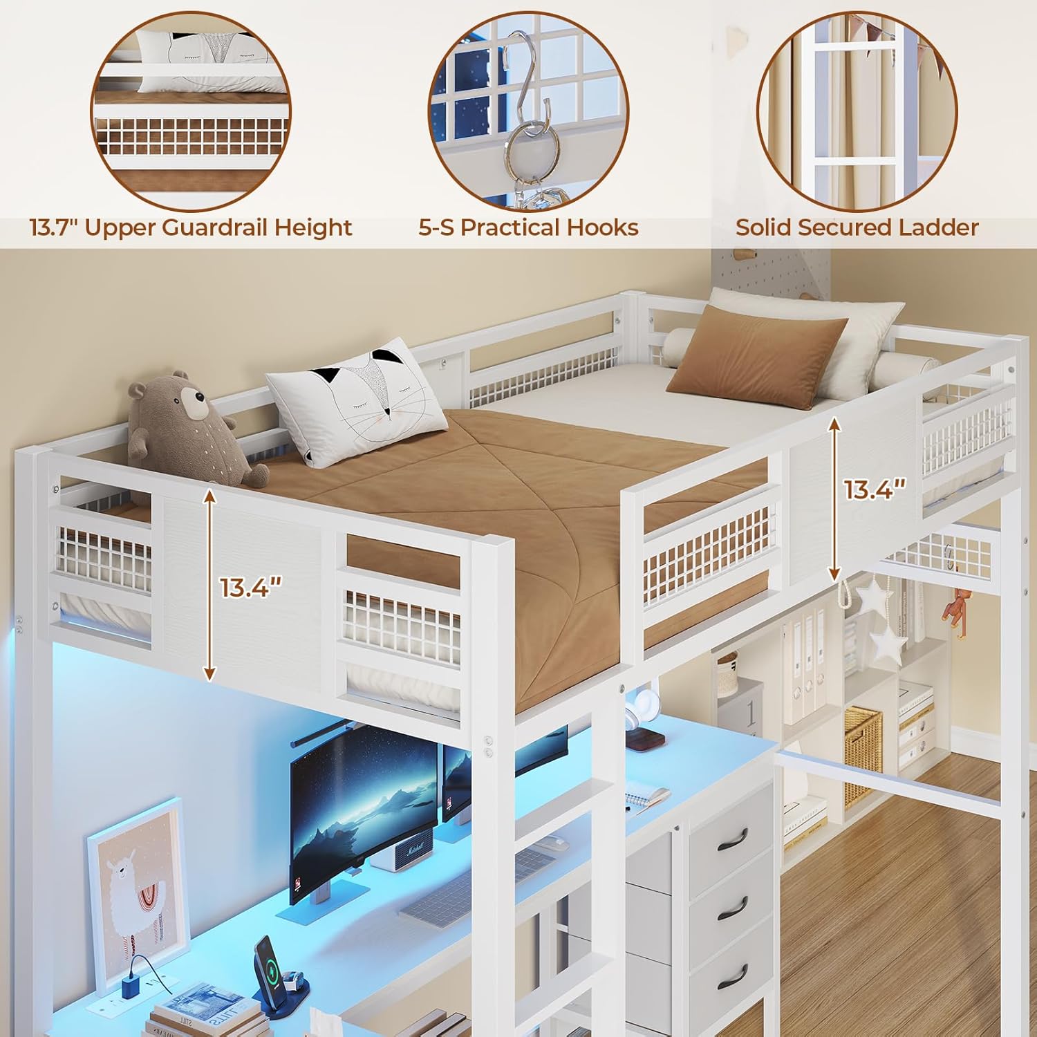 Safety features of the BTHFST Twin Loft Bed: guardrail, hooks, and ladder