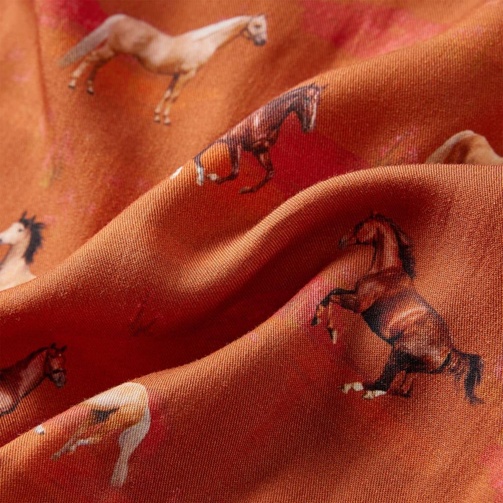 Vestido infantil para niña, manga larga, 100% lyocell en coñac, con estampado de caballo, cuello alto, cierre de botones, talla 140, para uso diario, escuela, festivo, cumpleaños, fiesta
