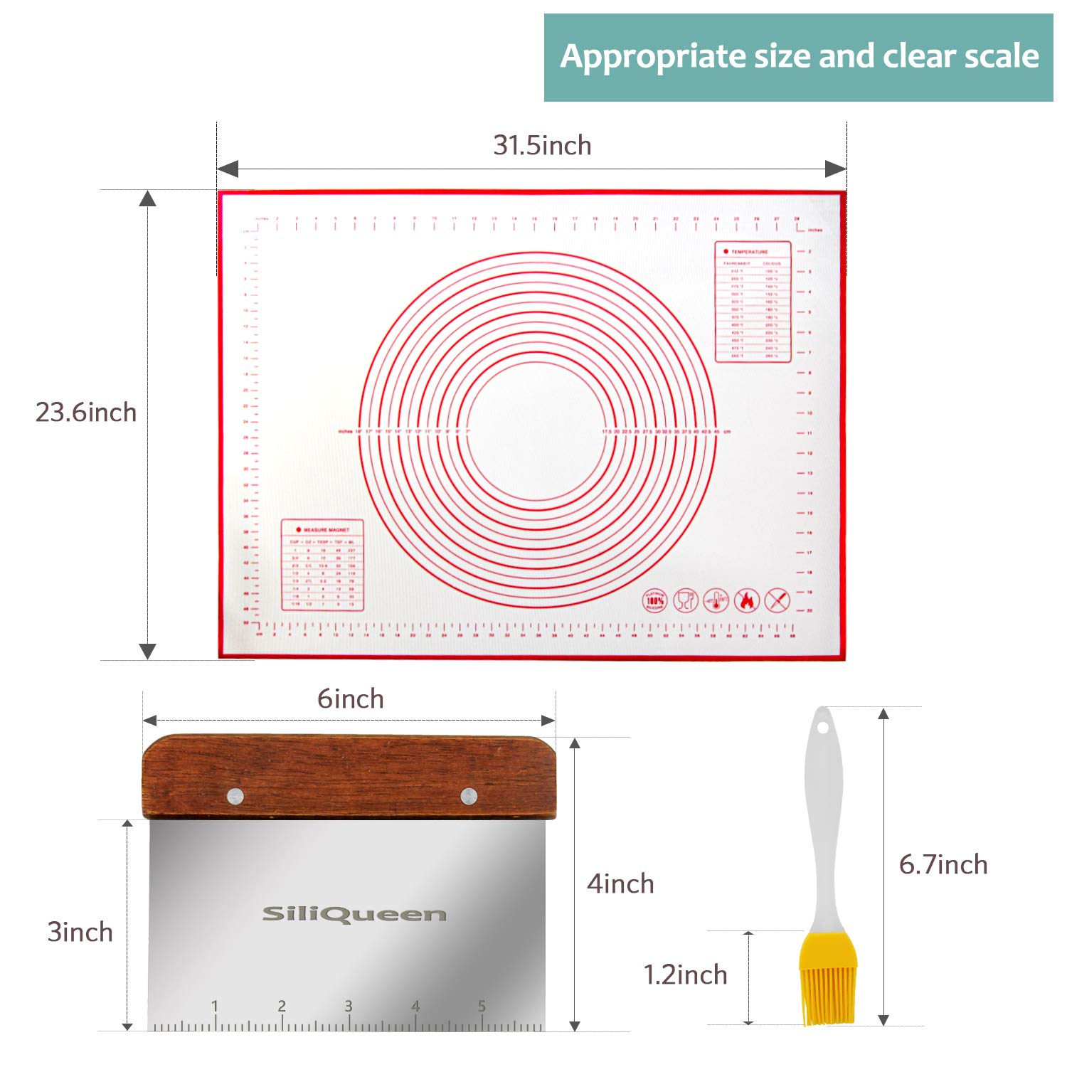 Backmatte aus Silikon, mit Maßen, extra einem Pinsel und Teigschaber, 80 x 60 cm, hitzebeständig, BPA-frei, antihaftbeschichtet, rutschfest, zum Ausrollen von Teig – leicht zu reinigen, rot