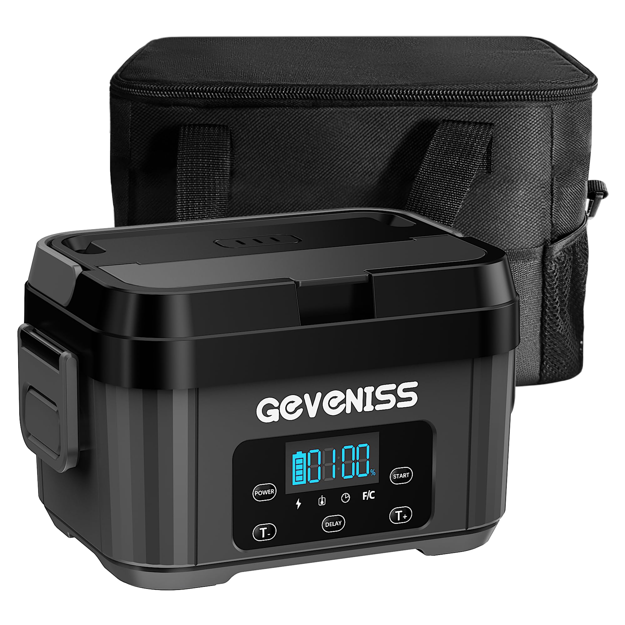 Geveniss Cordless Electric Lunch Box for Adults – Battery-Powered Heated Lunch Box Food Warmer with 1.1L Stainless Steel Container, Timer Function, Leakproof, Portable for Work, Travel, Office
