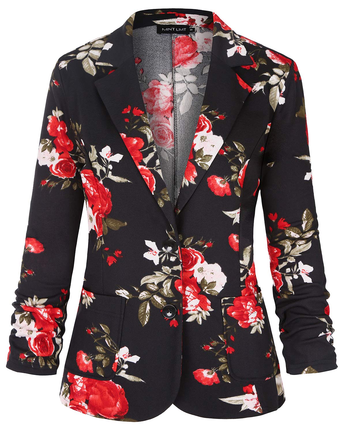 MINTLIMIT Women Business Casual Notched Lapel Pockets Work Office Blazer Jacket Suit (Floral Red,Size XL)