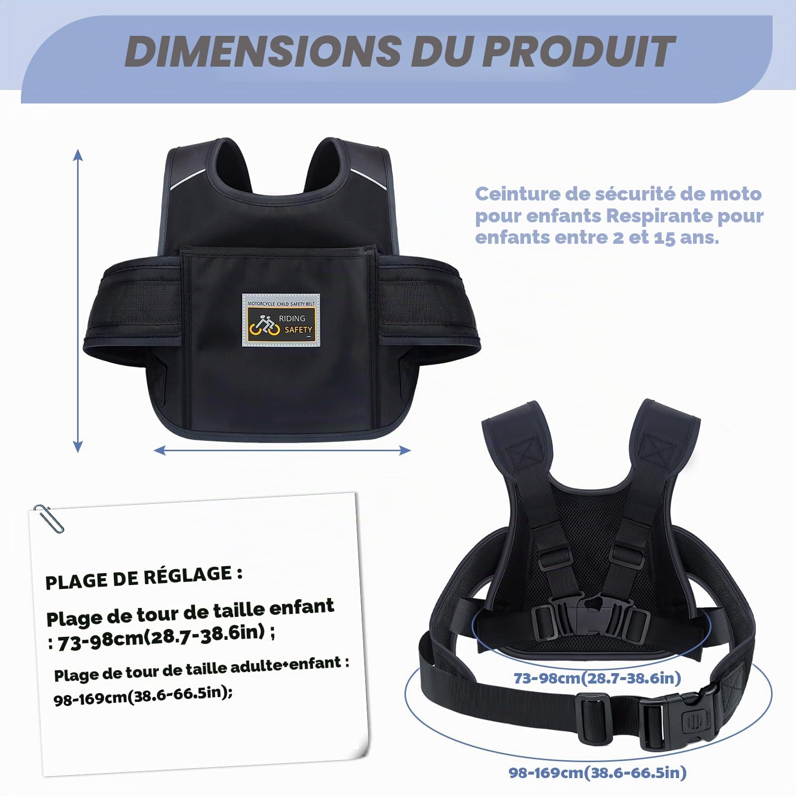 Ceinture de Sécurité Moto pour Enfants Harnais Moto Enfant Harnais de Moto pour Enfant Harnais Securite Enfant Moto Harnais de Sécurité Moto Enfants Réglable Matériau Respirant Réfléchissant