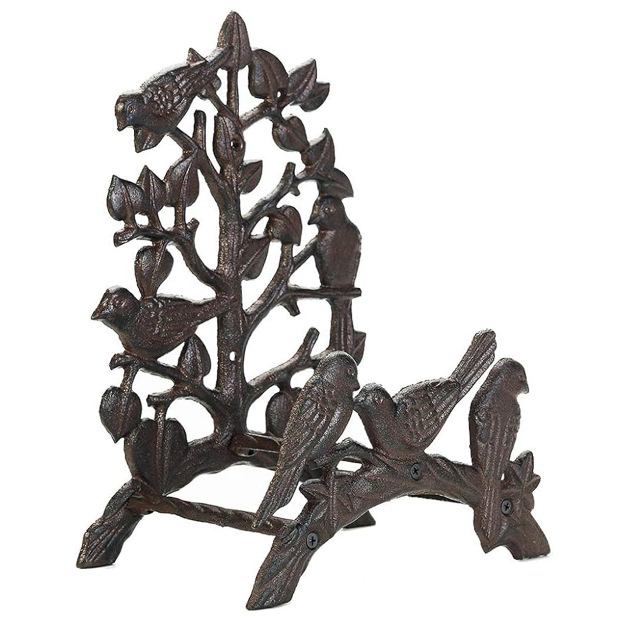 Support mural pour tuyau d'arrosage vintage en fonte, motif arbre à six oiseaux, support mural ou autoportant, rangement extérieur décoratif pour cour et jardin · 1