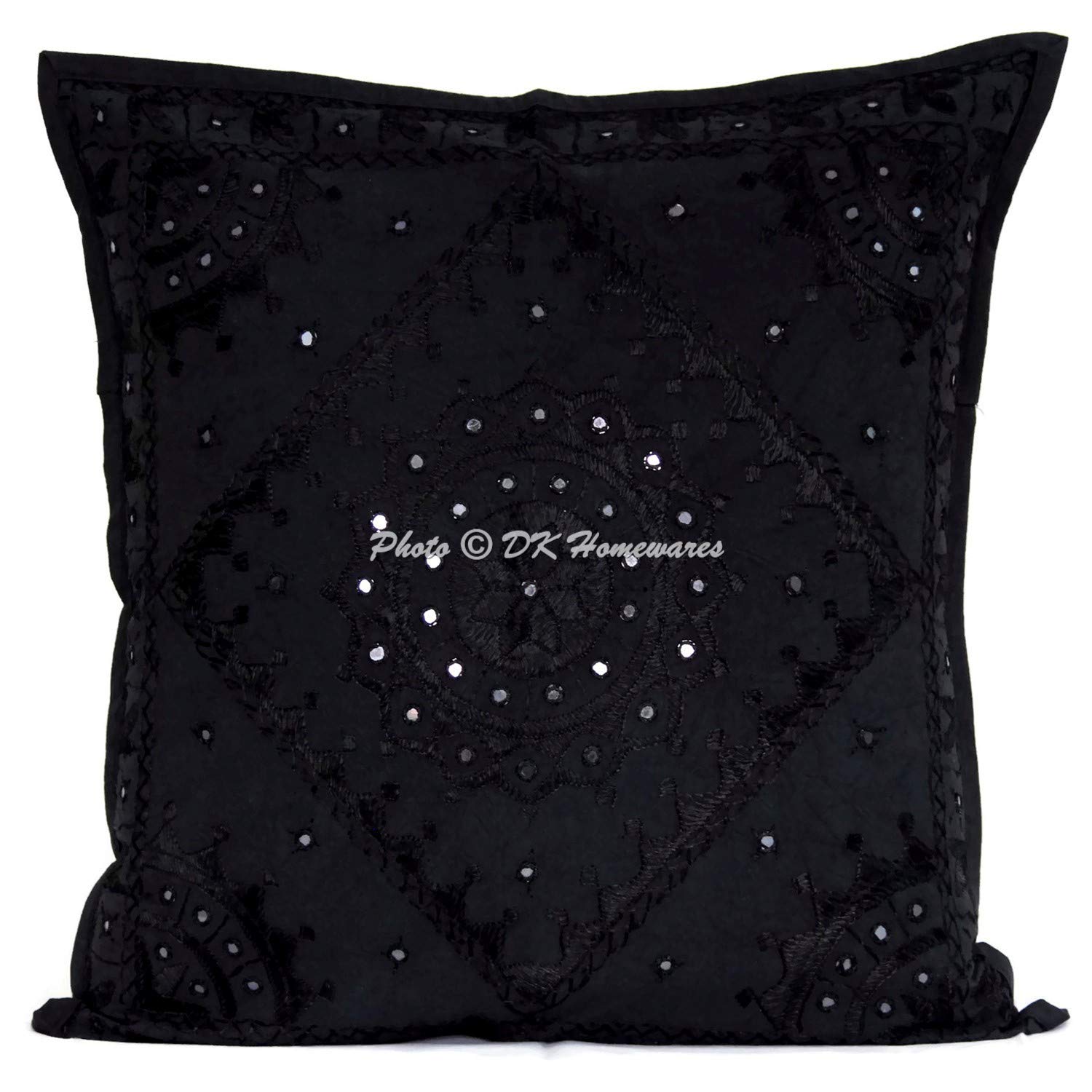 Fundas de Cojín 60x60 cm Algodón Bordado Espejo A Mano Estilo Bohemio Negro Fundas de Almohada Decorativa Decoración de Sala de Estar - Pack de 4
