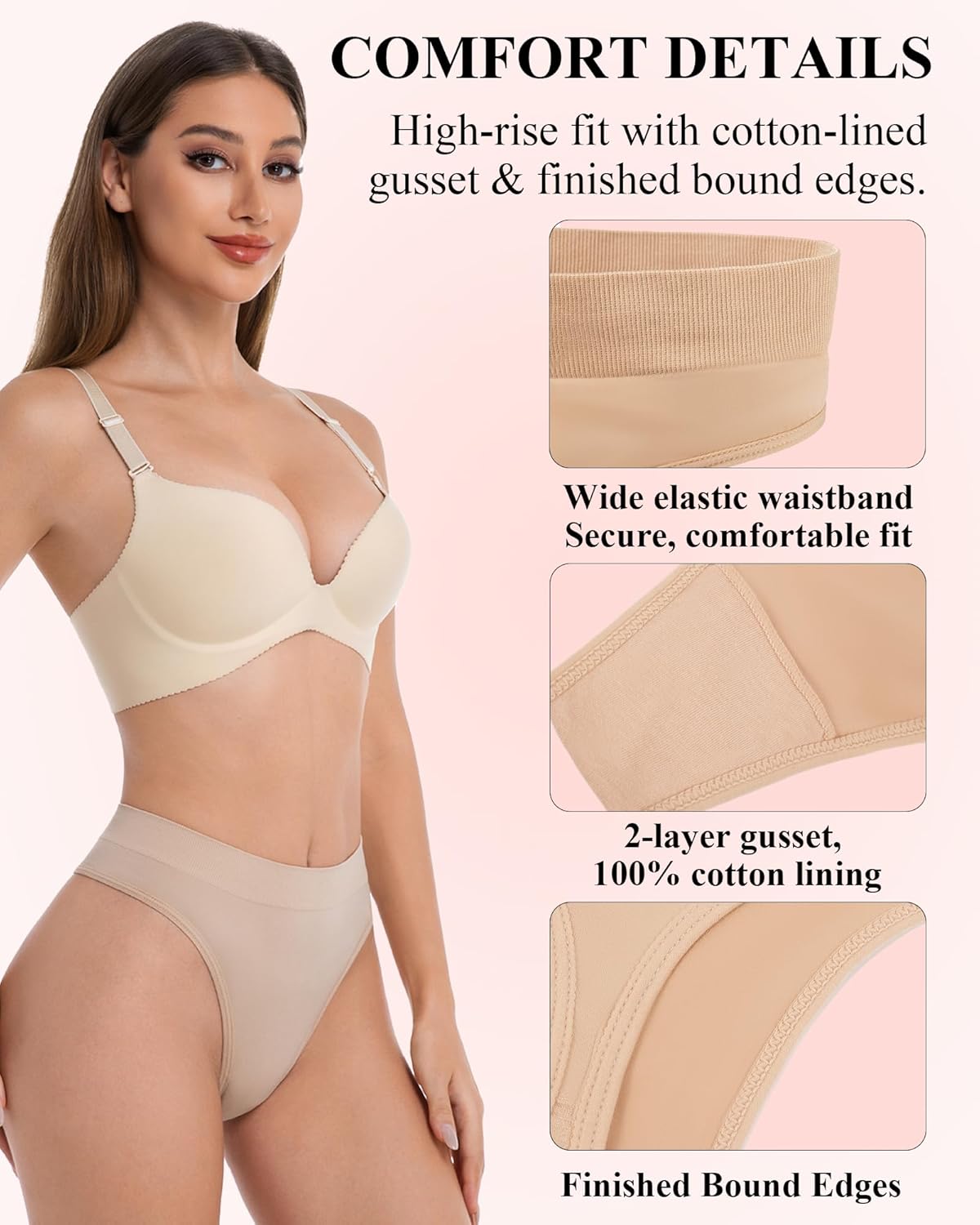 Womens Seamless No Show Thong Underwear, High Waisted G-String, Cotton Gusset, Breathable Stretch, 6 Pack - Image 2