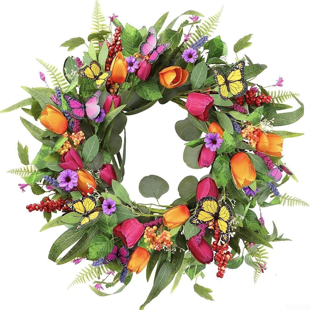 Ghirlanda artificiale da 55,9 cm con farfalle, eucalipto, margherite ed elementi botanici, per casa, ufficio o decorazione per l'ospitalità