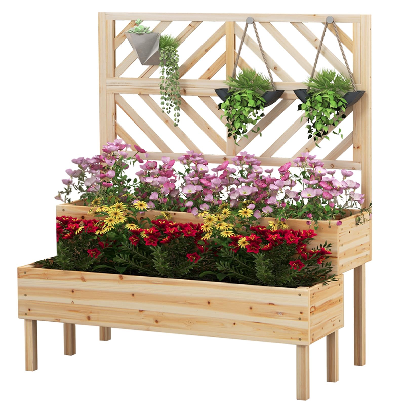 HOMASIS Macetero con rejilla de madera para exterior, jardinera con enrejado de 2 estantes, jardinera vertical elevada para plantas trepadoras de abeto con agujeros de drenaje, 109x62x135 cm (Natural)