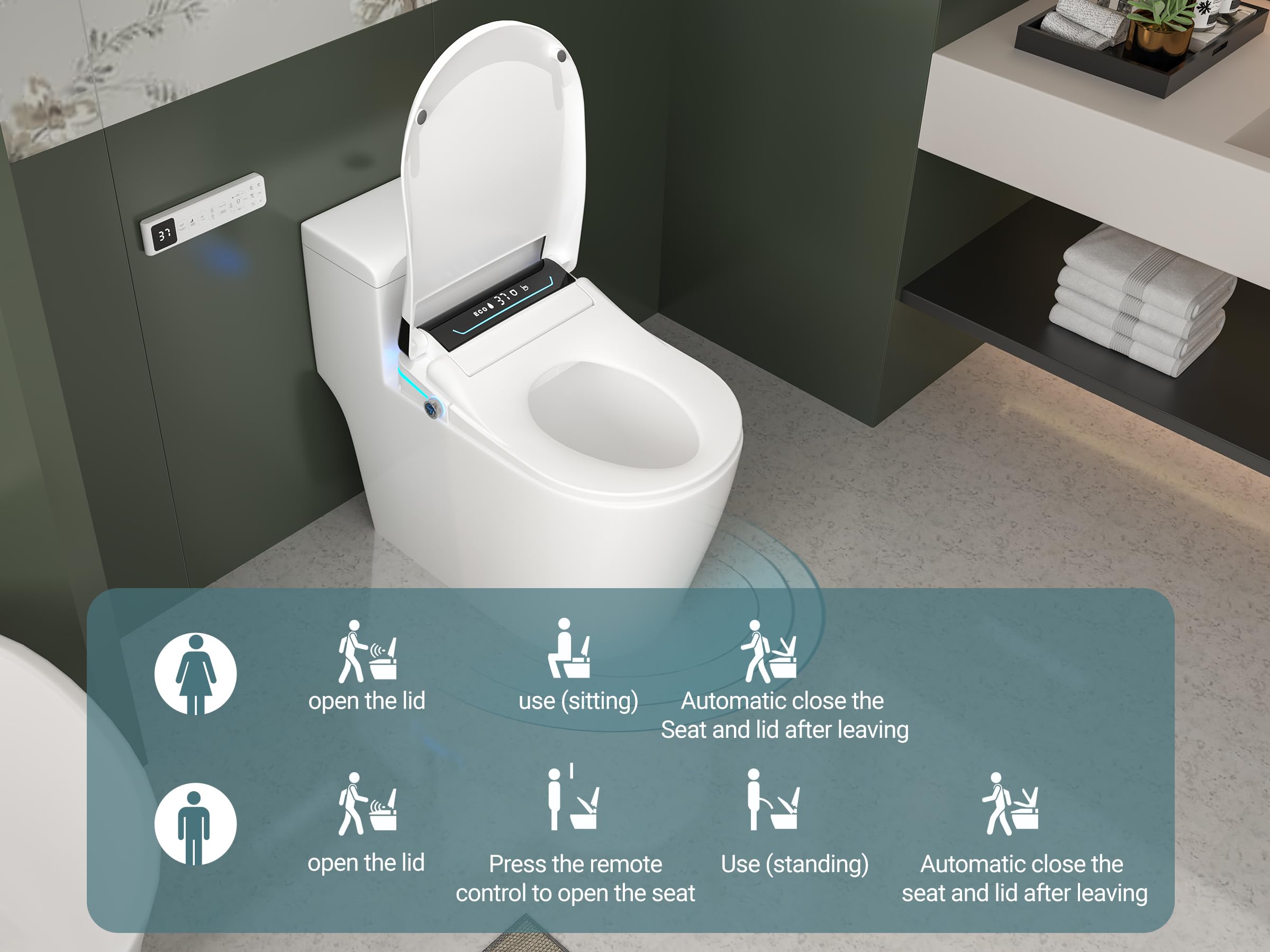 MEJE #001U – inteligentny bidet do rozszerzonej toalety ze wskaźnikiem temperatury, podgrzewaną deską sedesową, automatycznym otwieraniem i zamykaniem, funkcją mycia sterowaną temperaturą (biały)