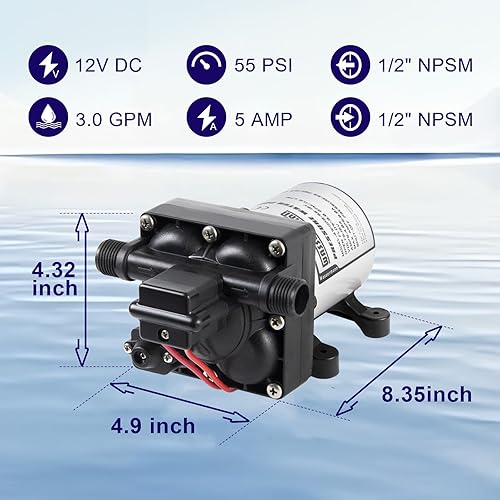 Miniatura 2 de Bomba de agua Wassermann para RV 12 voltios DC 3.0GPM 55PSI, reemplazo para 4008-101-A65, bomba de agua autocebante con diafragma y interruptor