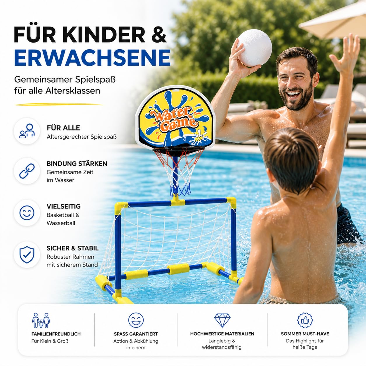 2-in-1 Wasserballspiel für Pool – Basketballkorb & Wasserballtor für Kinder & Erwachsene inkl. Bälle – Wasserspaß für Garten & Pool