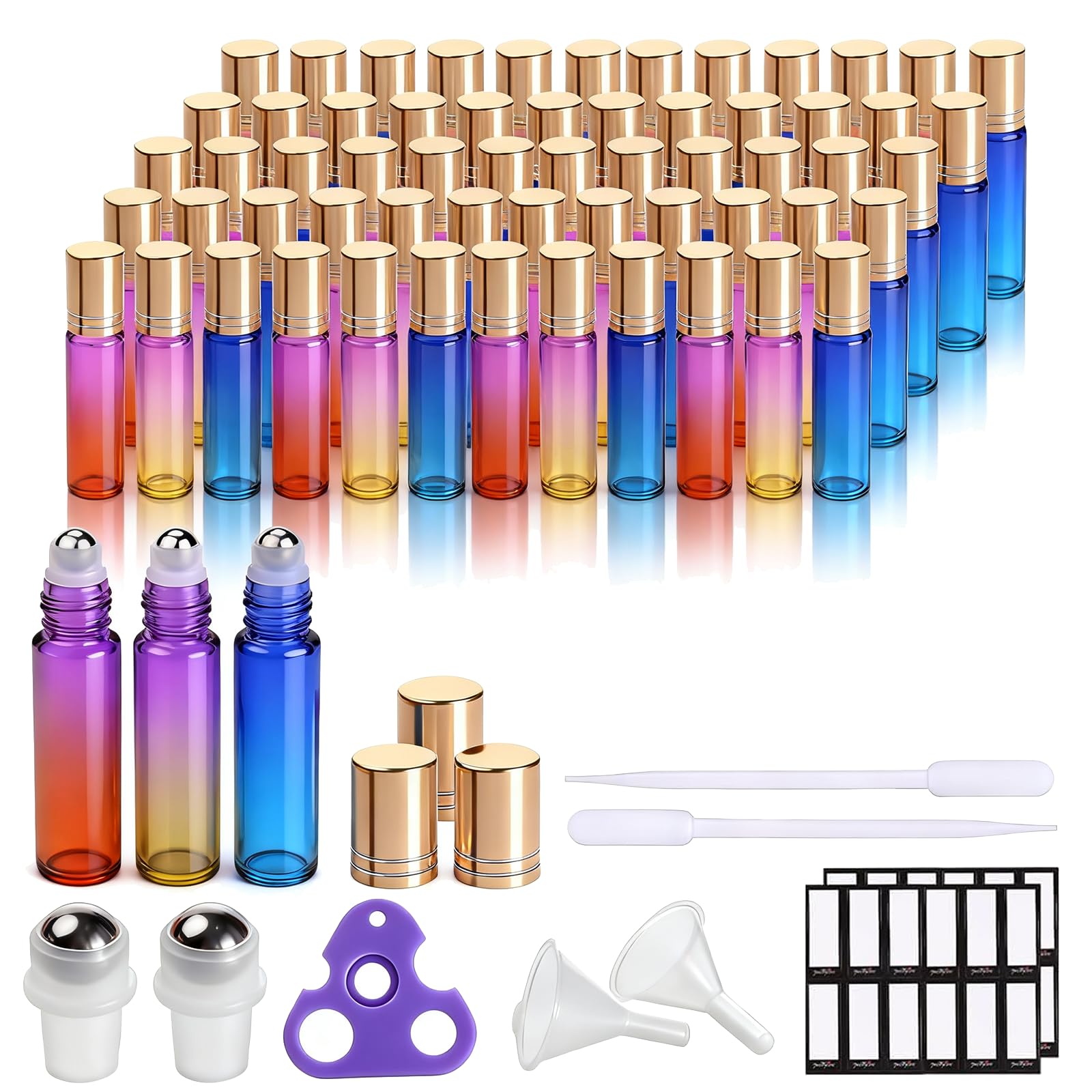 PrettyCare 60 Pack, 10 ml Essential Oil Roller Bottles with Stainless Steel Roller Ball - Bulk Refillable Leak-proof Empty Thick Rainbow Glass Roll on