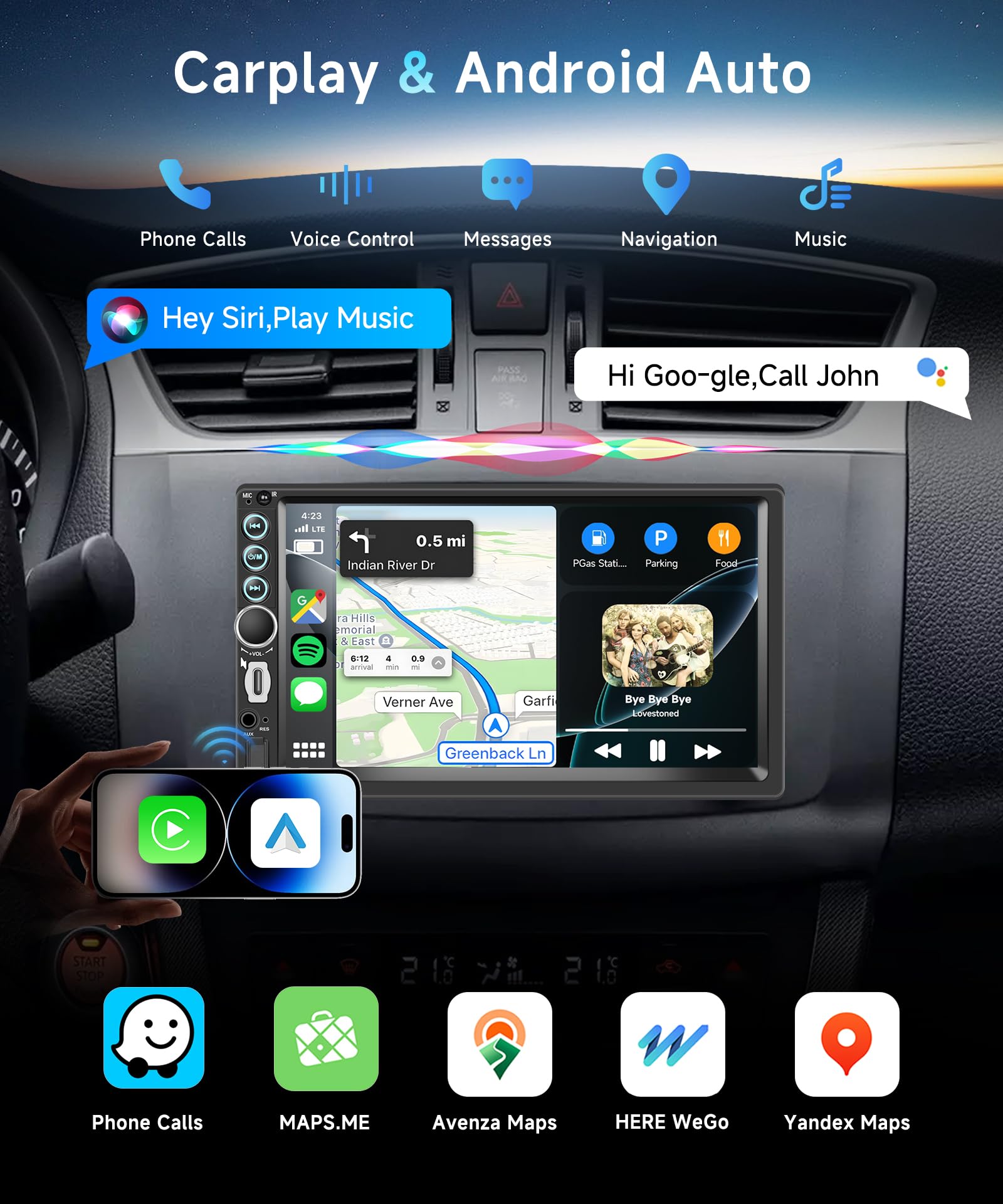 VECHTEL Radio samochodowe 7" 2 DIN z bezprzewodową funkcją CarPlay, Android Auto, radio FM z Bluetooth, nawigacja GPS, 2 porty USB/SD/AUX, lustro, ekran dotykowy IPS z tylną kamerą i elementami
