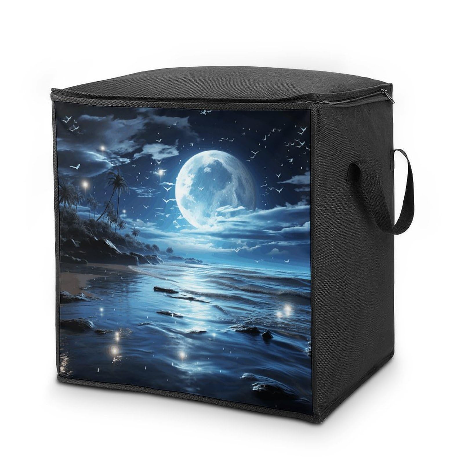 70L Moon Over Ocean Storage Bag With Zipper Closet Organizers with Handle for Home Storage Organizer for Blankets Quilts Clothes Comforter Bedding And Pillows