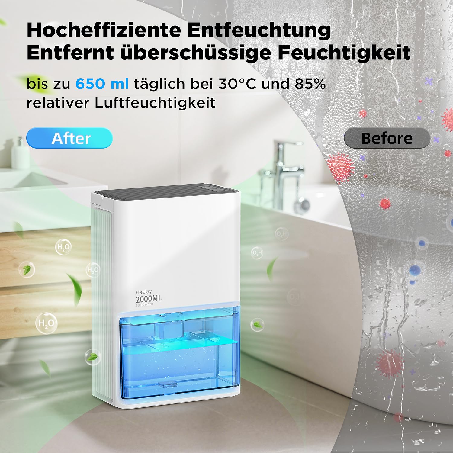 Heelay Deumidificatore elettrico, deumidificatore per ambienti silenziosi da 2L, risparmio energetico, spegnimento automatico, luce a 7 colori, contro umidità e muffa per camera da letto, bagno e casa
