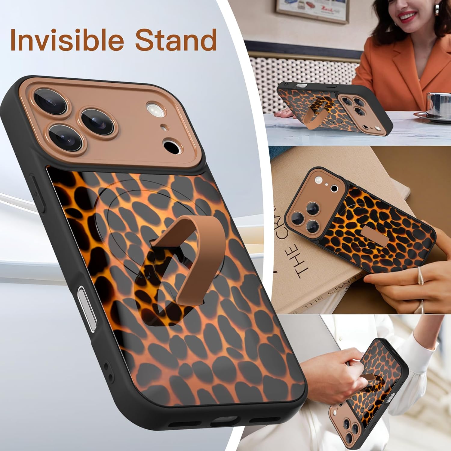 for iPhone 17 Pro Max Case [Compatible with MagSafe] Cute Tortiose Leopard Print Magnetic Phone Case Compatible Finger Strap Ring Kickstand, Full Camera Protective Cover for Women Girly Brown