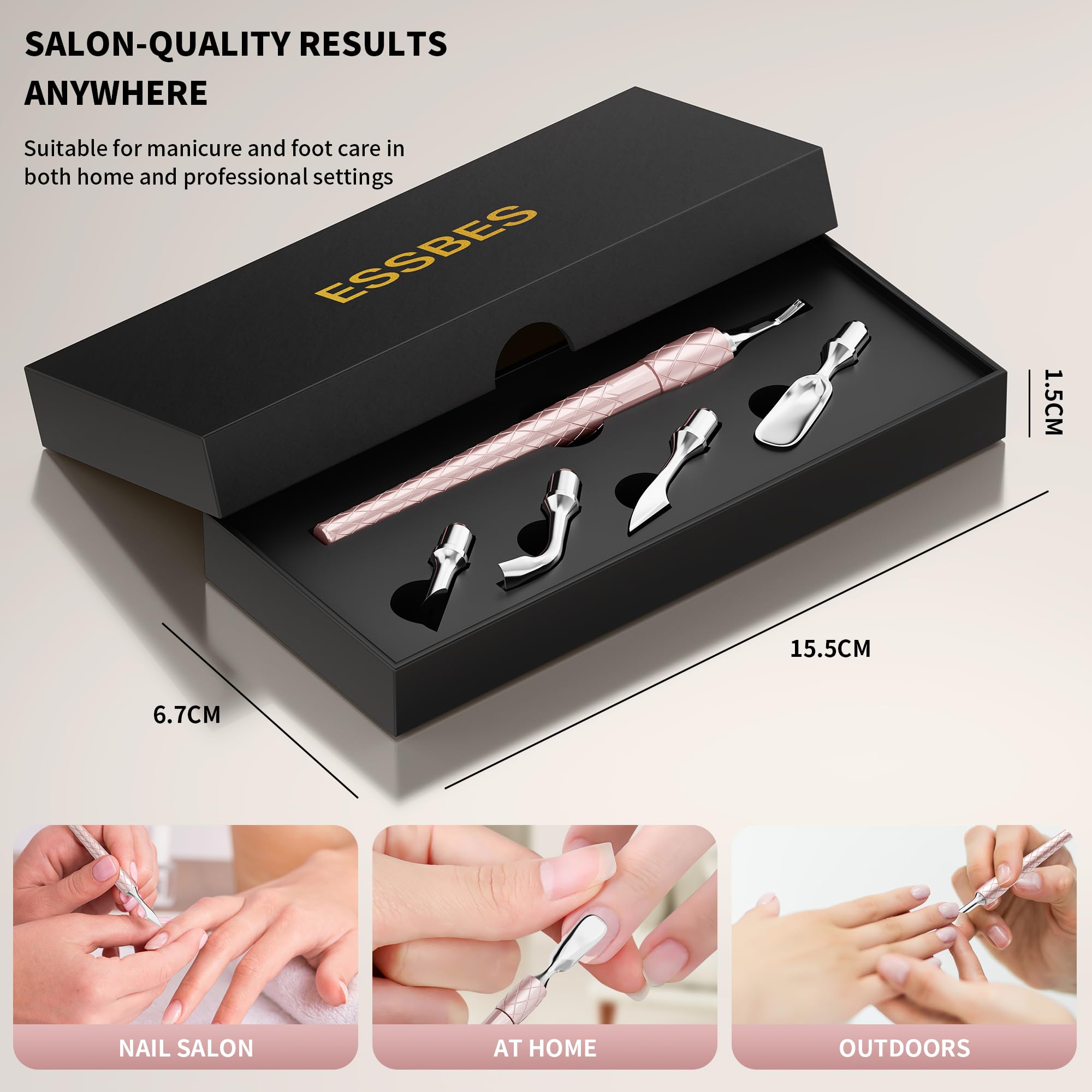 Juego de empujador de cutículas 5 en 1 con mango de aluminio, herramienta de limpieza de uñas de precisión para manicura y pedicura