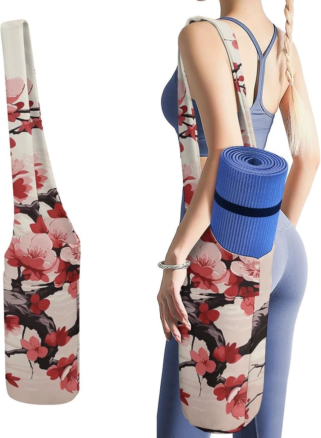 Japanese Floral Cherry Blossom Yoga Mat Bag Yoga Backpack Multi Pocket Exercise Yoga Mat Carrier Multi-Functional Storage Bag for Pilates Beach Travel And Everyday Use