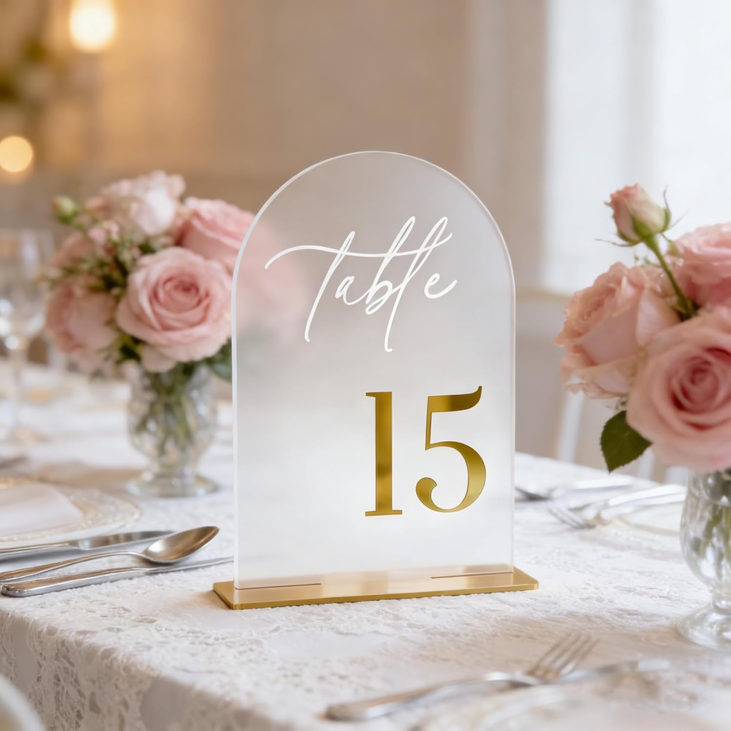 Frosted Wedding Table Numbers 1-15 with Stands, Elegant Gold Number Arch Acrylic Signs with Holder, 5.5" x 7" Gold 3D Table Numbers for Wedding Reception, Party, Anniversary, Events