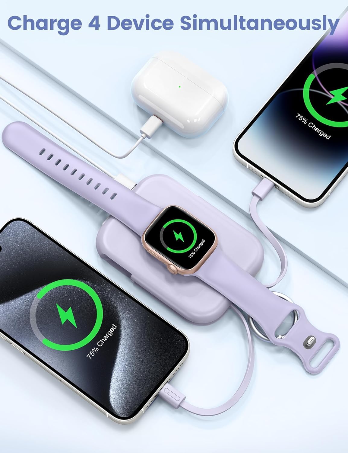 RORRY Power Bank, Powerbank de 5000mAh con Cable Integrado, Cargador Portátil de Viaje Llavero Baterías Externas para iPhone 17/16/15/14/13/12, Apple Watch Ultra/11/10/9/8/7/6/SE, Lila — view 4