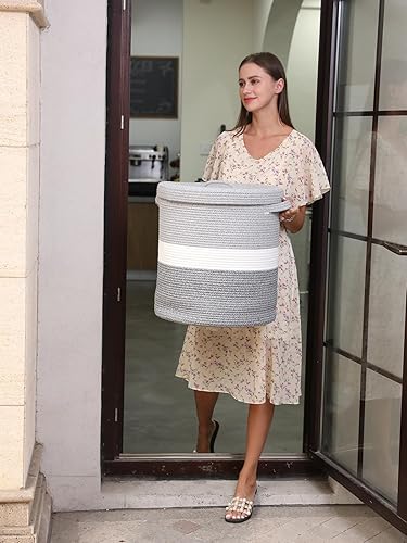 Miniatura 4 de Cesta de almacenamiento extra grande de 16 x 16 x 18 pulgadas con tapa, cestas de almacenamiento de cuerda de algodón, canasta de lavandería, Gris