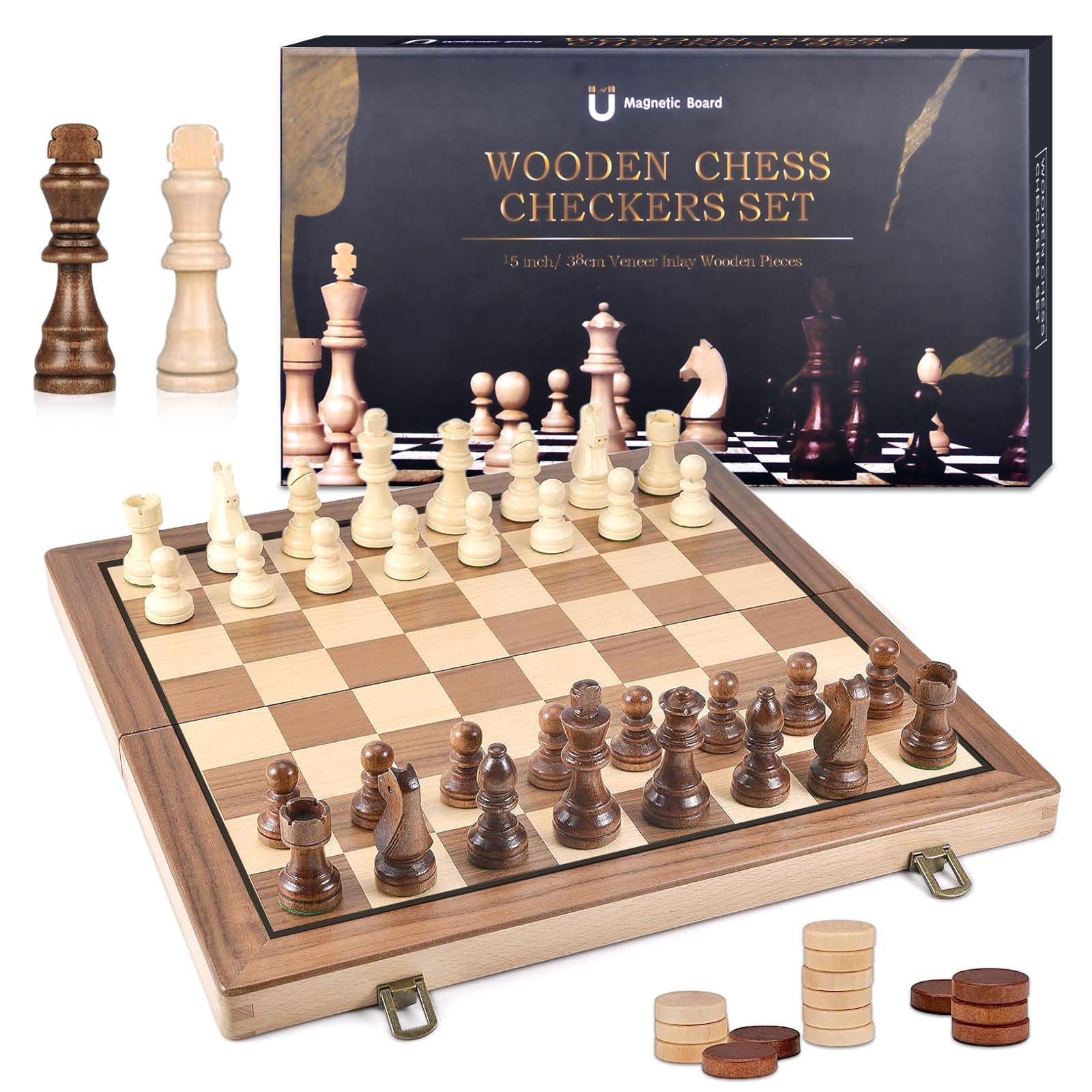 2-in-1 Chess Set, Wooden Chess Board, Portable Chess Board, Foldable Travel Chess, Chess Game Children, Chess Game Magnetic Set for Party Family Activities 39 x 39 cm