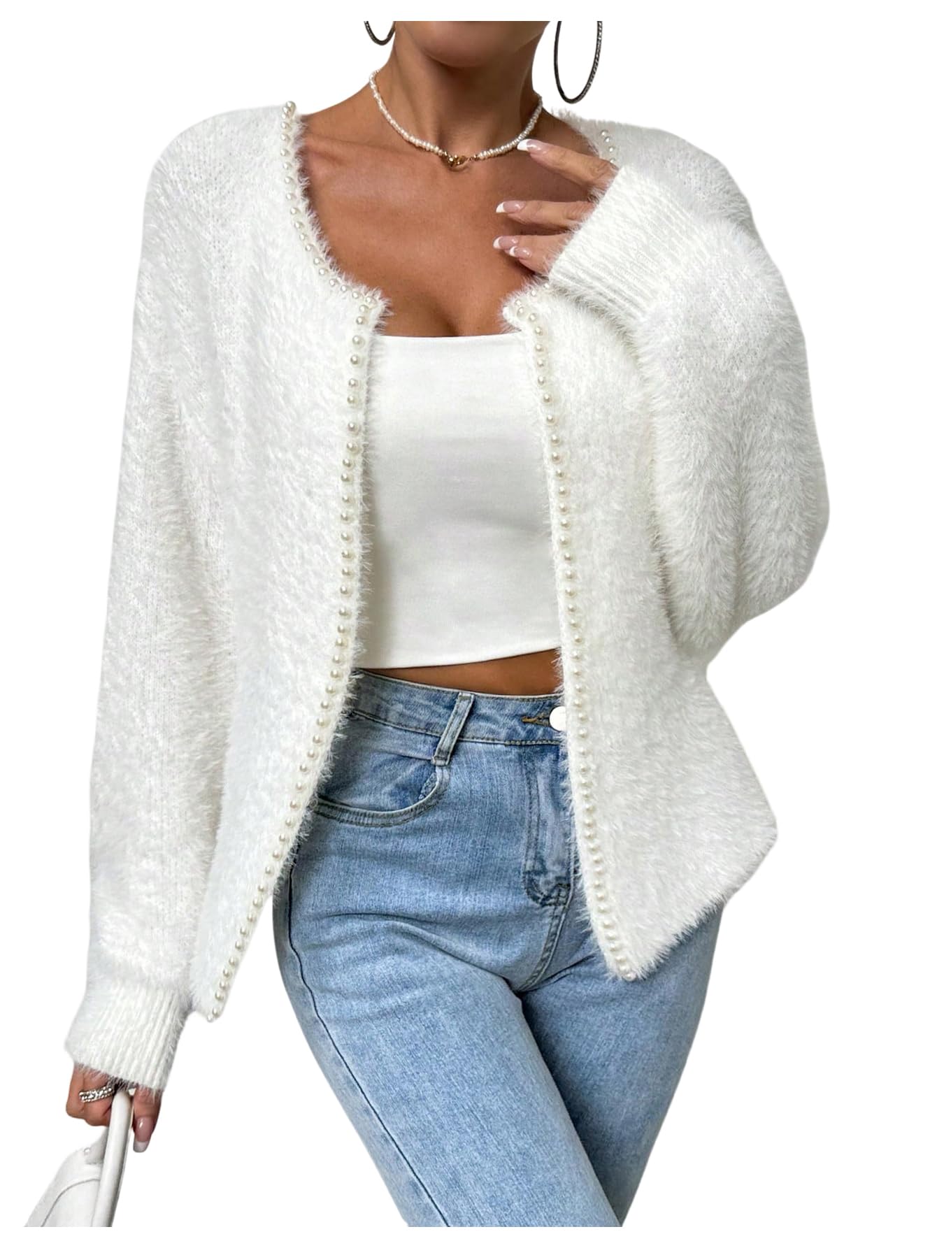 SOLY HUX Womens Fuzzy Open Front Cardigan Elegant Pearl Long Sleeve Dressy Casual Sweaters Outerwear