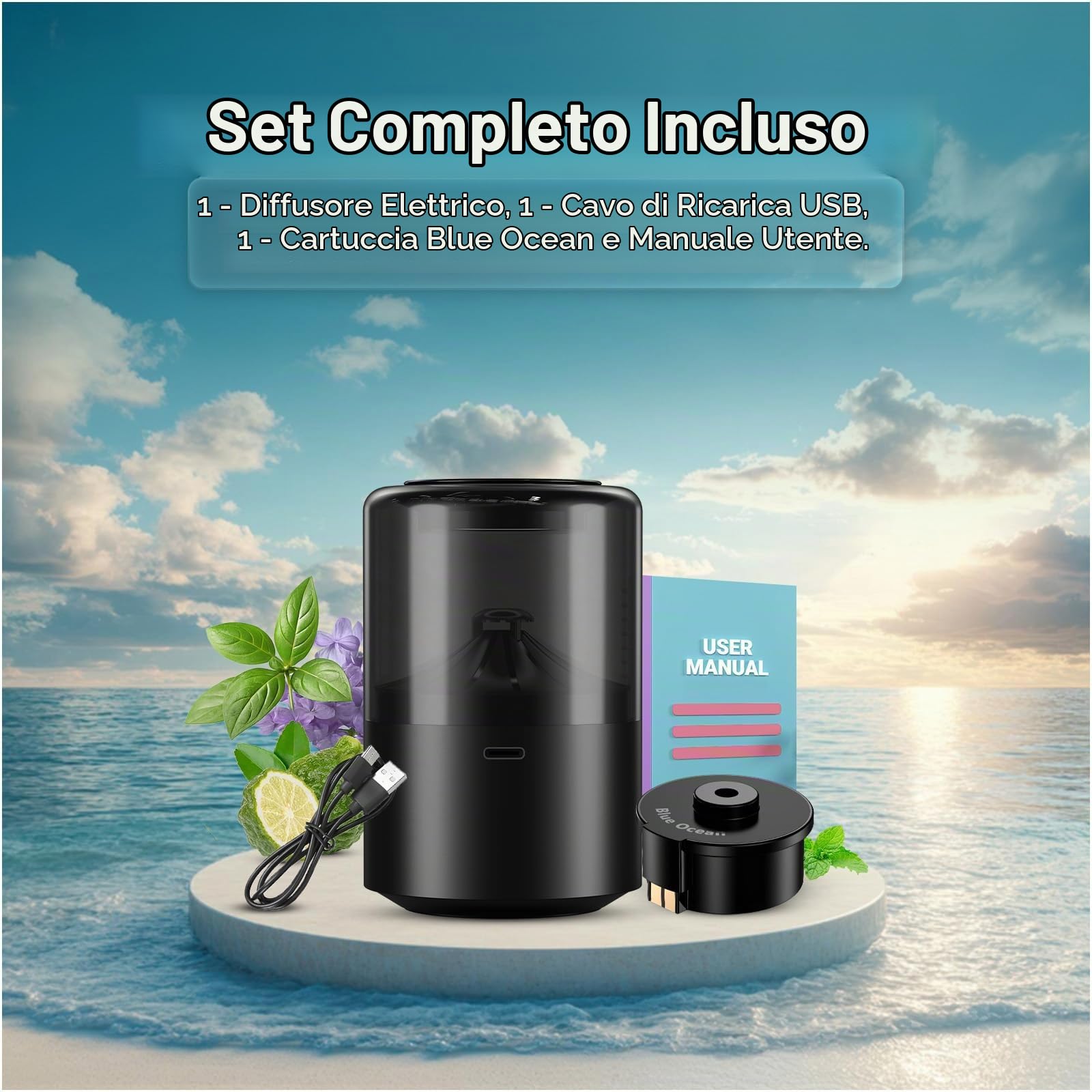 Profumatore Auto Diffusore con Fragranza Blue Ocean di MMOBIEL – Diffusore per Auto con 2 Modalità di Spruzzo, 4 Livelli, Accensione/Spegnimento Automatico e Cavo – USB/Batteria – Senza Fiamma