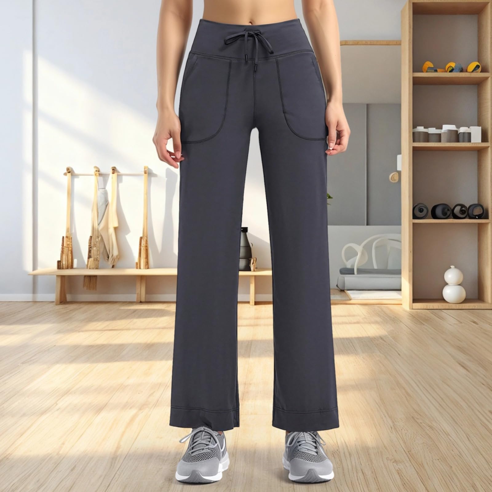 Spodnie do jogi dla kobiet, szerokie nogawki z kieszeniami, elastyczny nylon-spandex, talia ze sznurkiem, pasuje do 16-176, waga 160-176, grafitowy szary