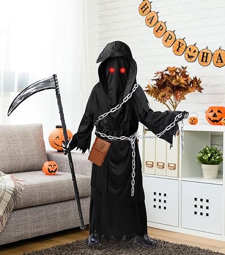 Miniatura 2 de Disfraz de la parca para niños, disfraz de Halloween aterrador con guadaña de la parca, ojos brillantes, guantes, cadena, cuaderno