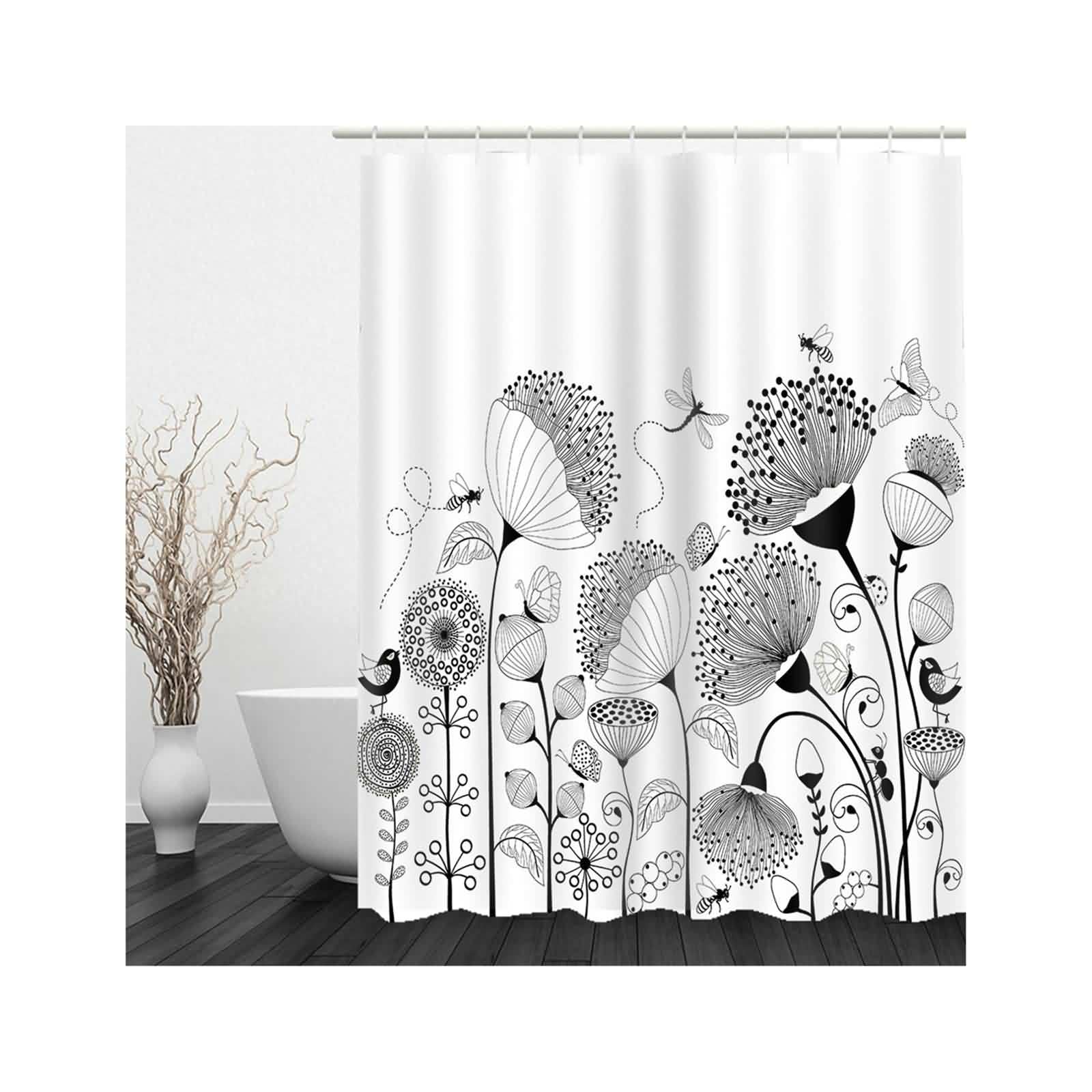 Rideau de douche rigolo fleur d'insecte gris-noir 200x180cm avec ourlet renforcé
