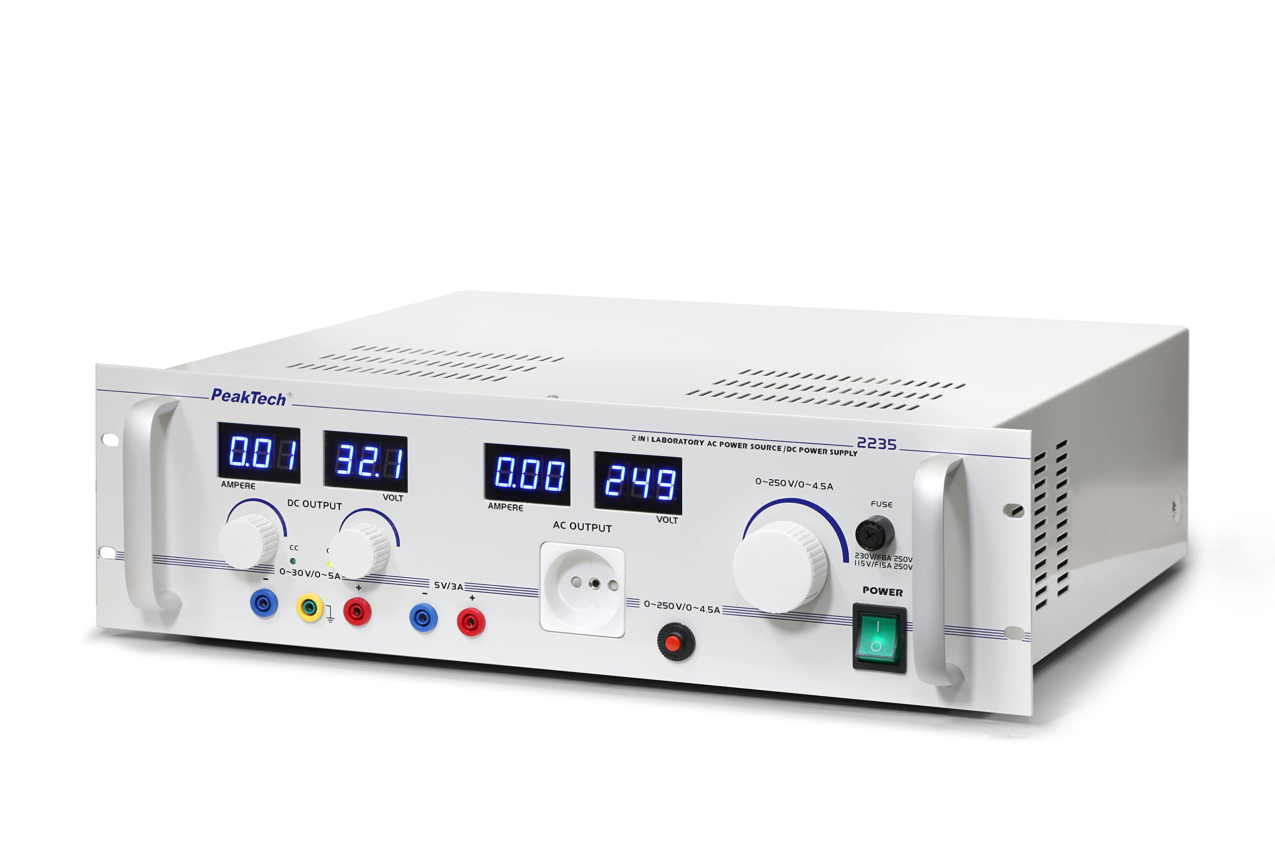 PeakTech P 2235 – Professionelles Labornetzgerät – Netzgerät regelbar von 0-250V 5A AC / 30V 5A DC – Labornetzteil für Labor Stromversorgung 19" Rack Einbaufähig – Mit Typ C-Steckdose und 4mm Buchsen