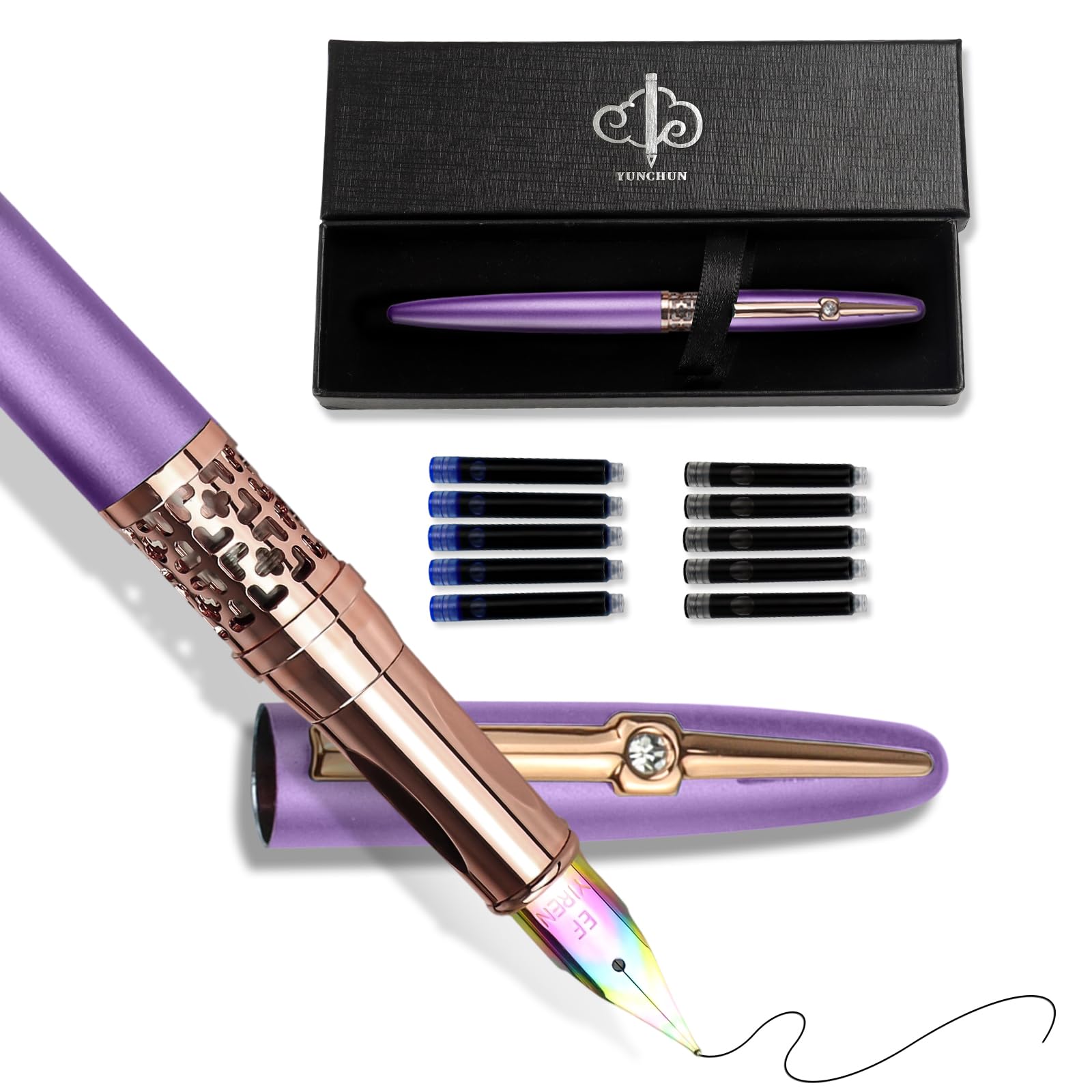 YUN CHUN Refillable Fountain Pen Medium Nib, Fancy Ink Pen with 10 Black & 10 Blue Ink Refills Cartridges, Cool Ink Pens for Writing, Business Metal, Best Gift Set for Men & Women, Purple