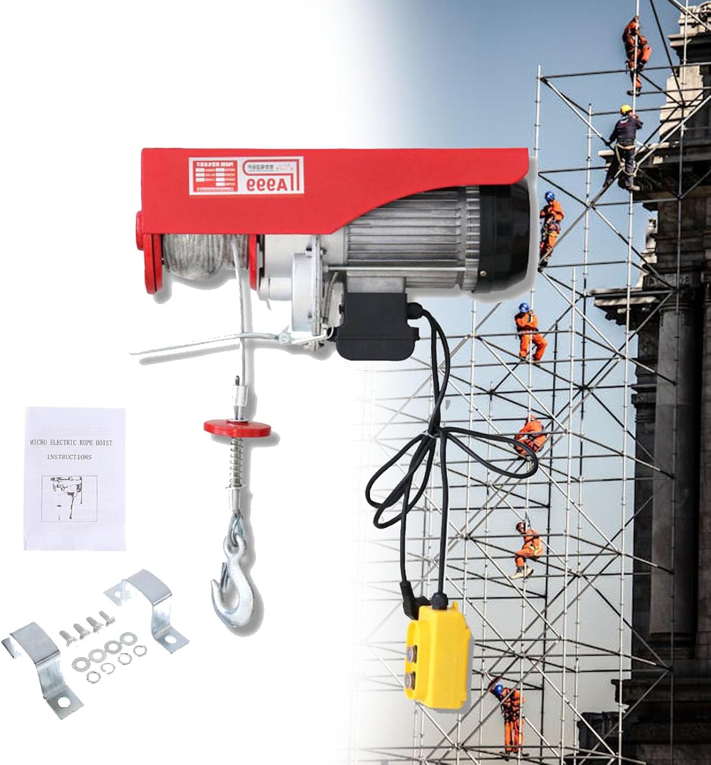 Portable Electric Hoist 400kg, Heavy Duty Winch with Remote Control, Single/Double Line Lifting, 30m Cable, Ideal for Garage, Workshop, and Construction Use