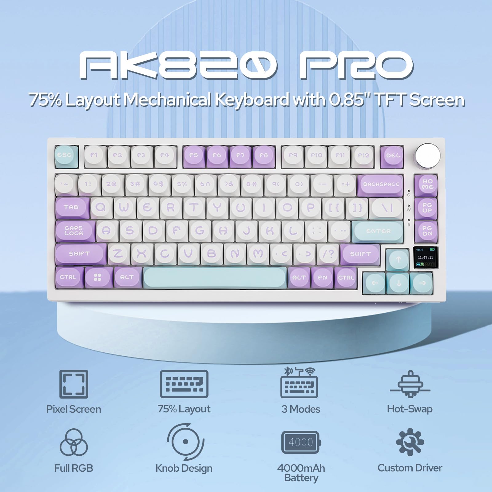 Teclado mecânico EPOMAKER Ajazz AK820 Pro 75% sem fio, com tela
