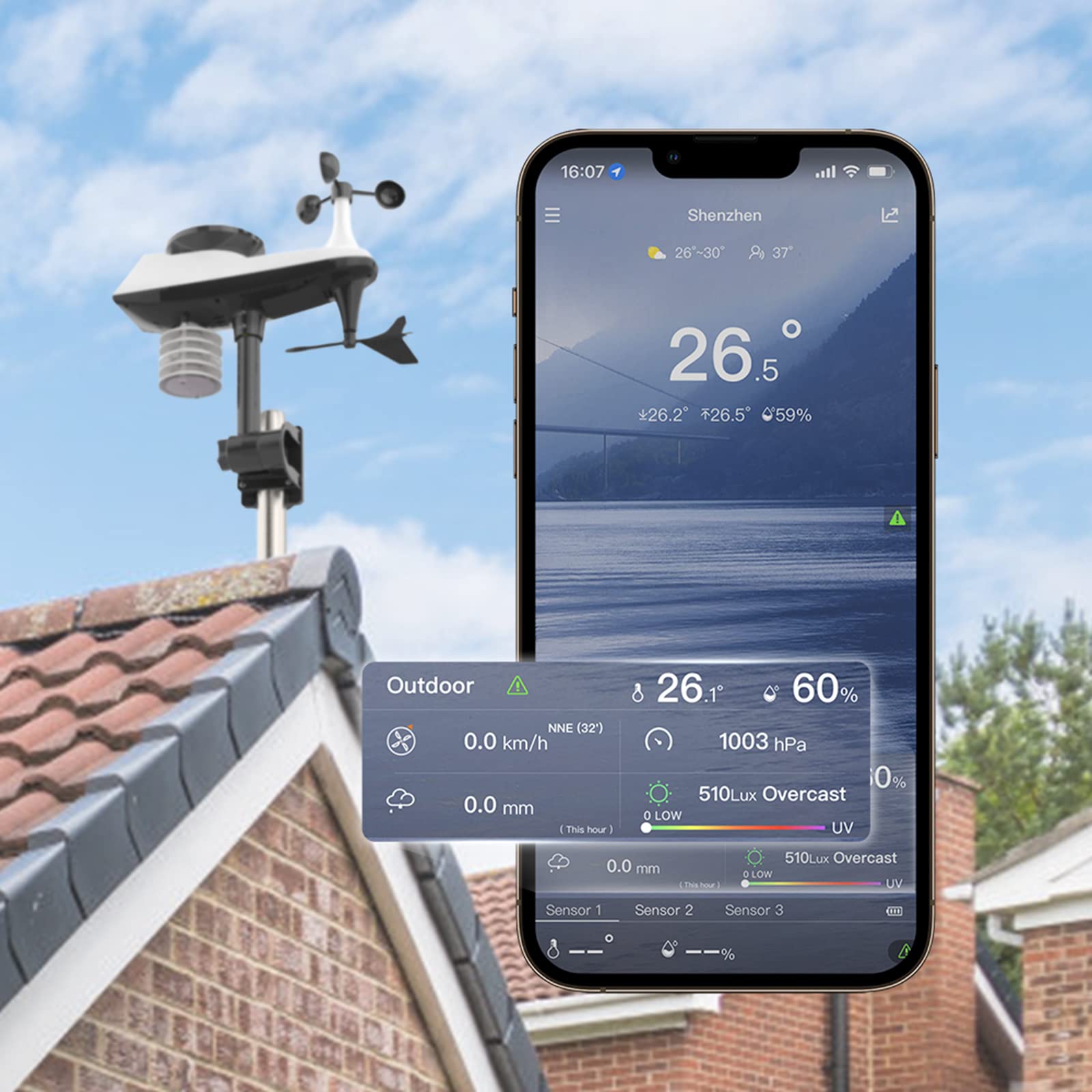 Estación meteorológica Profesional 7 en 1 con aplicación inalámbrica y Sensor para exteriores, termómetro para interiores y exteriores, humedad, velocidad y dirección del Viento, p