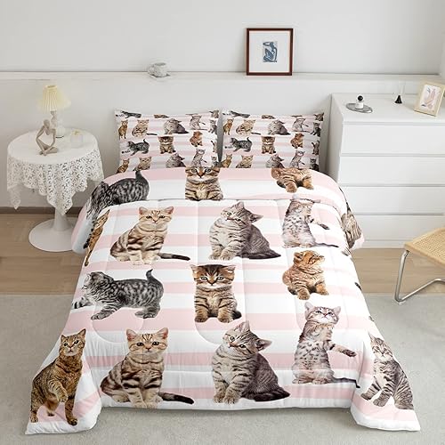 Feelyou Juego de edredón Kawaii con diseño de gatos y rayas rosadas, bonito edredón de regalo para amantes de los gatos, juego de edredón acolchado