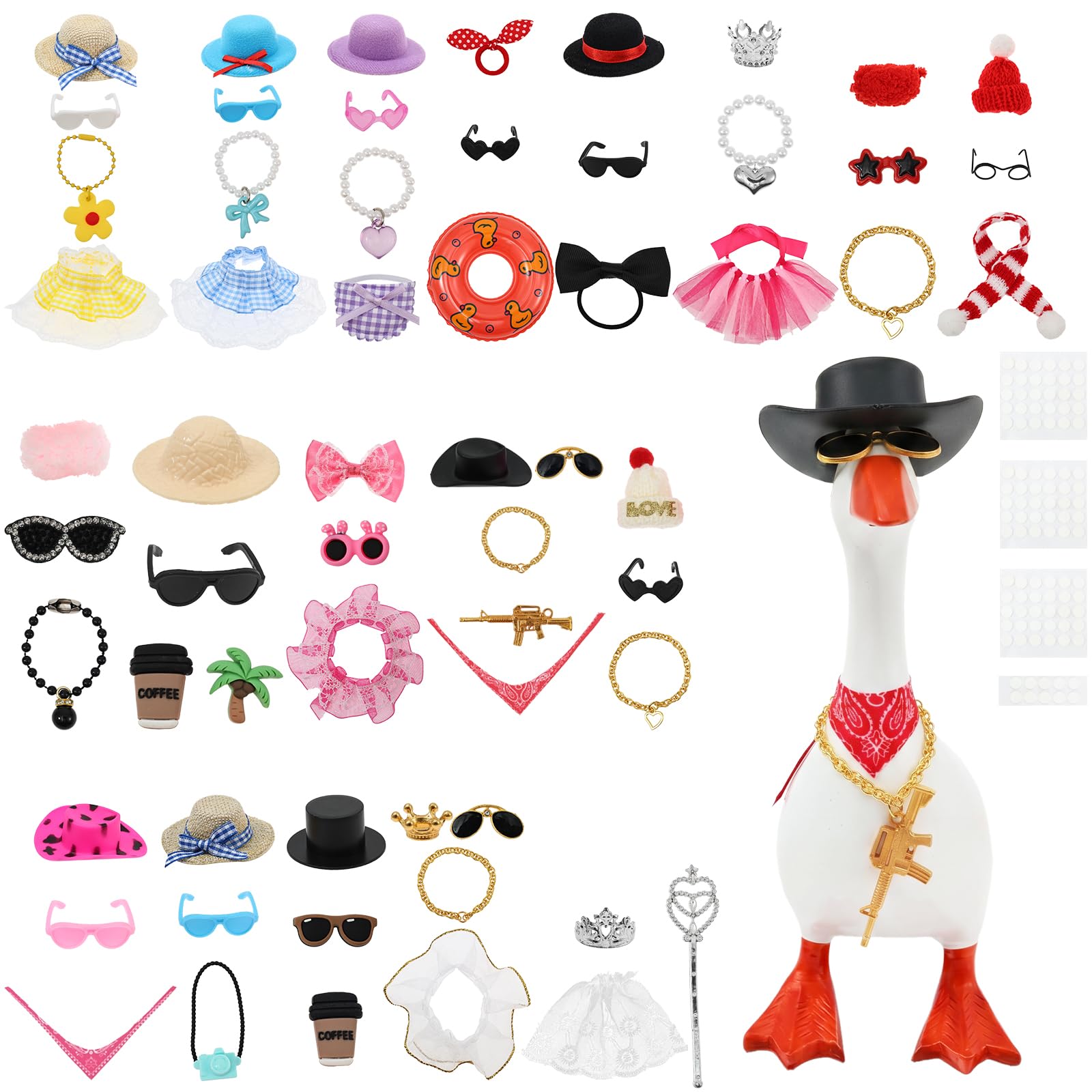 MENIBBLER 18 Sets 7 Inch Desk Goose Outfit, Mini Porch Goose Statue with Hat Glasses Necklace Dress up Set, Geese Accessory Key Holder Present Table Decor for Office Party Supplies