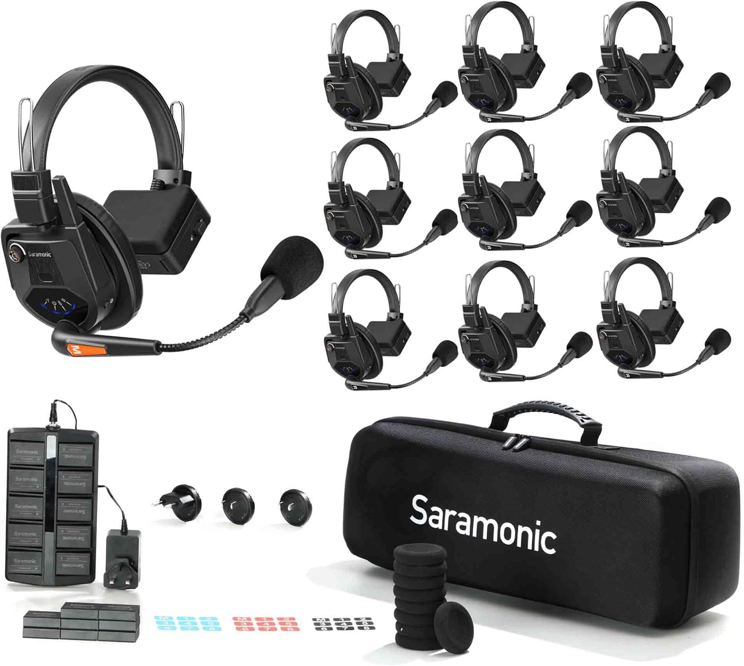 Saramonic WiTalk9-9S 9-Person 1.9GHz Full-Duplex Wireless Intercom System with Single-Ear Headsets, 500m Range, Expandable to 30 Users, Includes 18 Batteries, 10-Bay Charger, and Deluxe Carry Case Saramonic WiTalk9-9S 9-Person 1.9GHz Full-Duplex Wireless Intercom System with Single-Ear Headsets, 500m Range, Expandable to 30 Users, Includes 18 Batteries, 10-Bay Charger, and Deluxe Carry Case