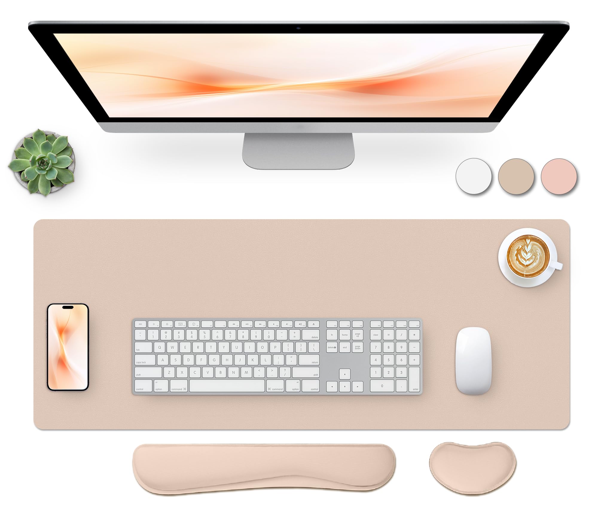 Bloss Leather Desk Pad and Keyboard Wrist Rest, Large Mouse Pad + Keyboard Pad+Mouse Wrist Support, Non-Slip Desk Mat Protector for Office, Home(27.6" x 13.8", Beige)