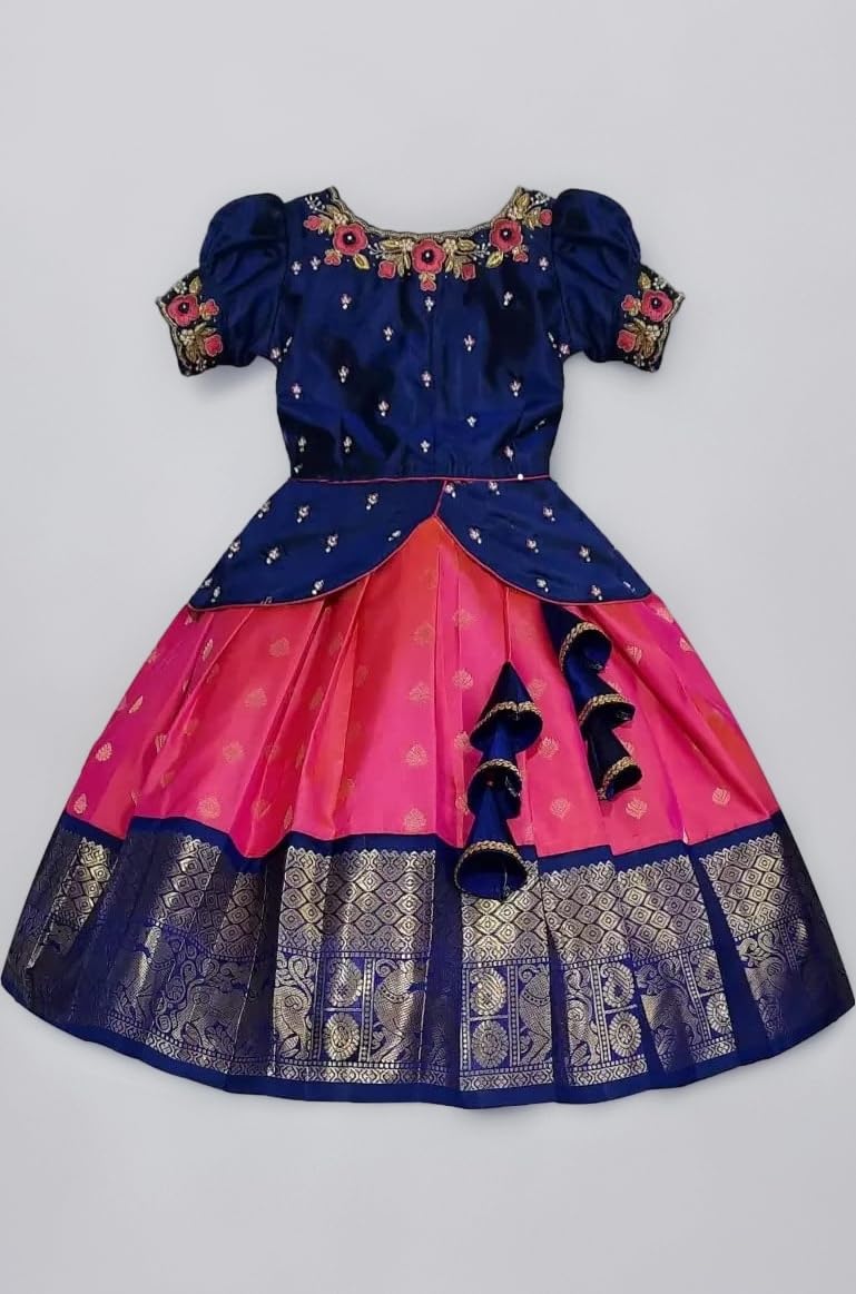 White Button Girls Polyester Blend New South Indian Traditional Pattu Pavadai Jecquard Readymade Lehenga Choli Dress