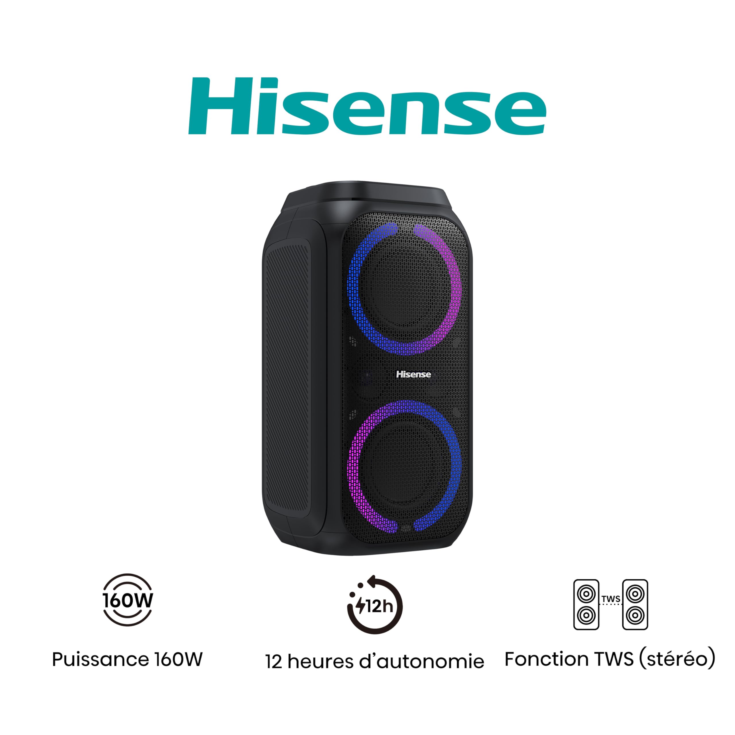 Hisense Party Rocket - Enceinte de Soirée Bluetooth Portable 160W, Jeux de Lumière Synchronisés, 12H d'Autonomie, Fonction Karaoké, Entrée Micro/Guitare