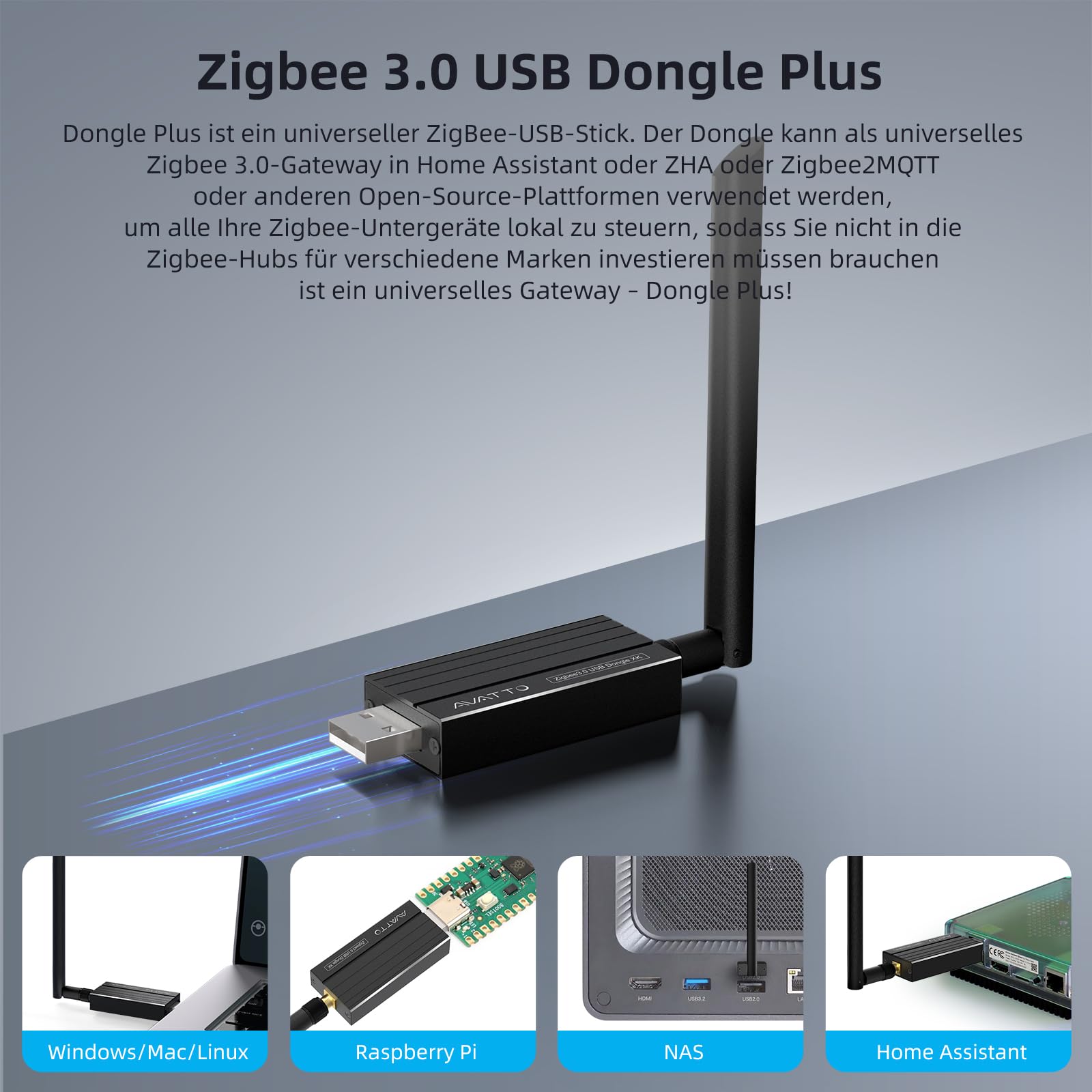 AVATTO Zigbee 3.0 und Thread USB Dongle für Home Assistant, Zigbee2MQTT, OpenHAB & IoBroker – EFR32MG24, Flash 1536KB, RAM 256KB – unterstützt Erweiterung und Firmware-Flashen